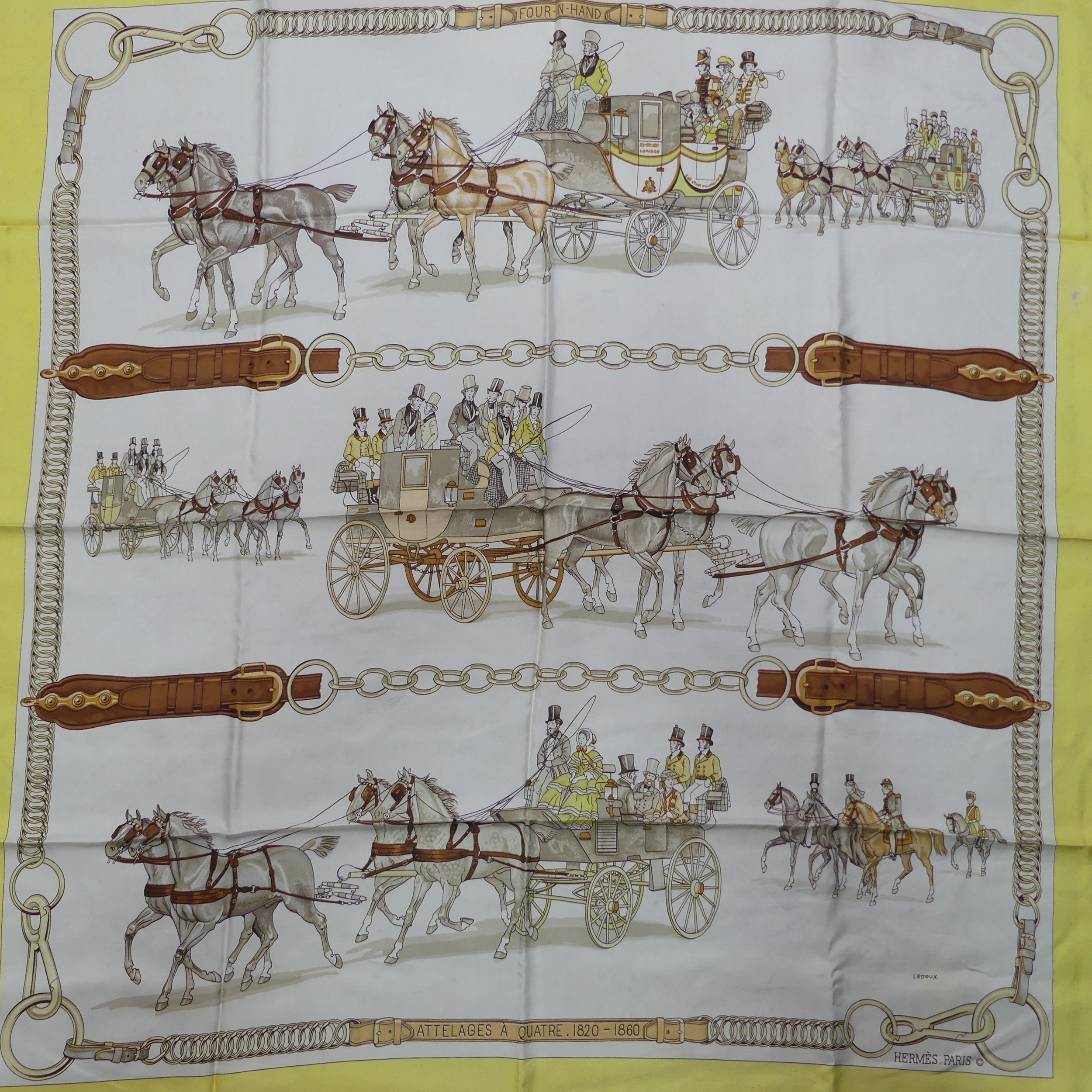 Two Hermès silk twill scarves: 'Four in Hand' or 'Attelages A Quatres', cream ground with yellow - Image 5 of 5