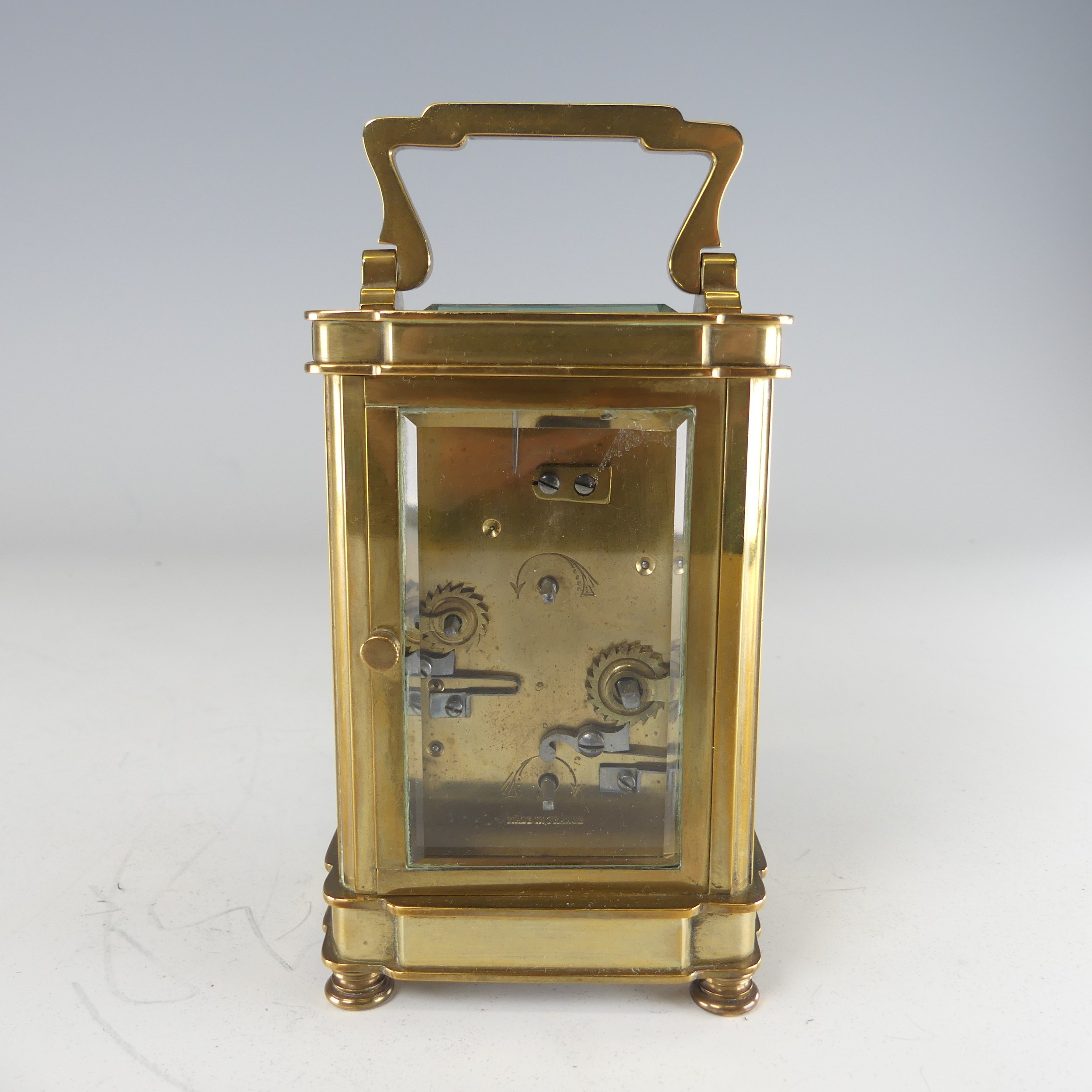 A 20th century French alarm carriage Clock, enamelled white dial with Roman numerals and - Image 6 of 9