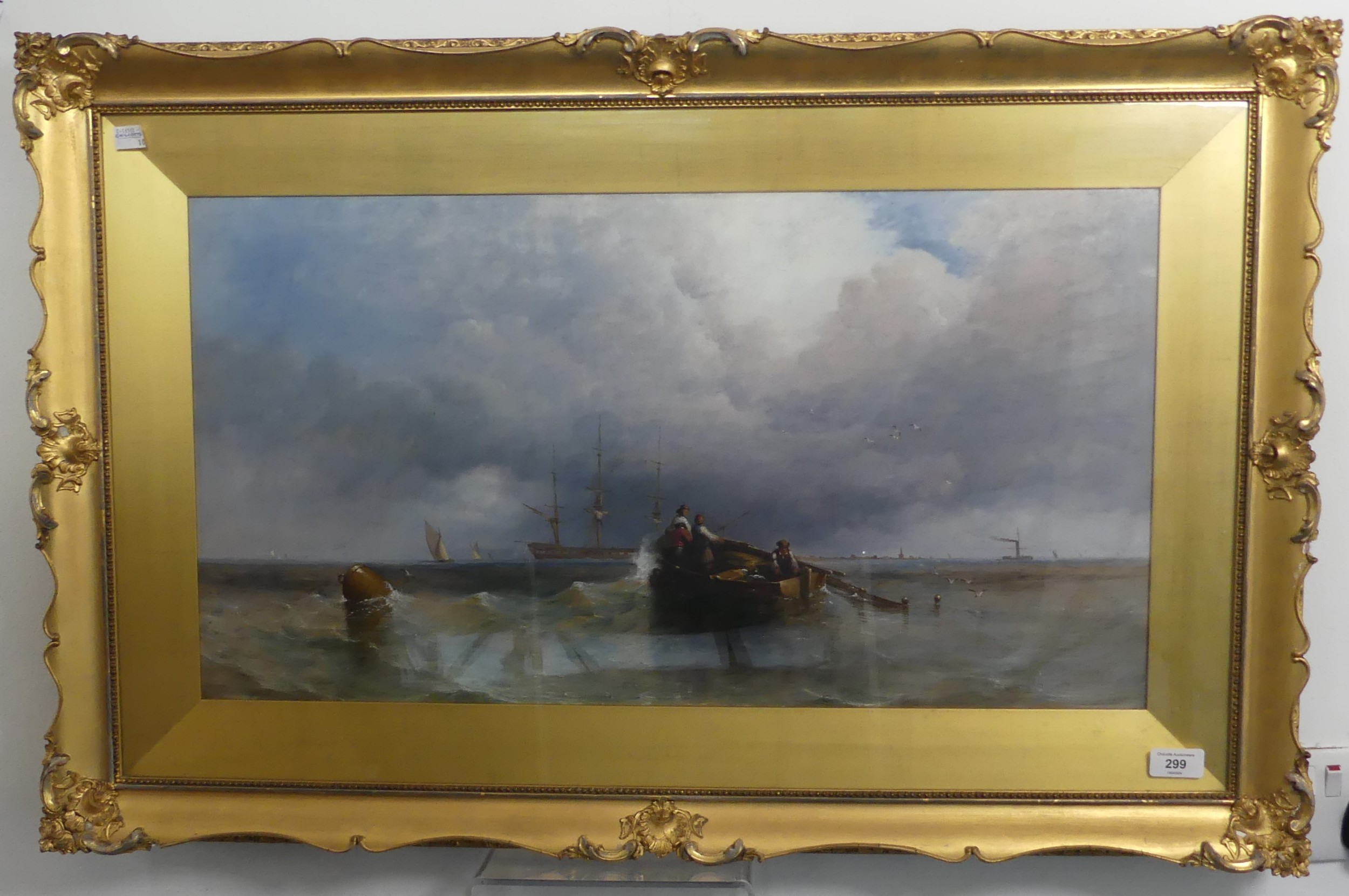 British school (19th century), Fishermen at sea in a coastal seascape, oil on board, signed lower - Image 3 of 8