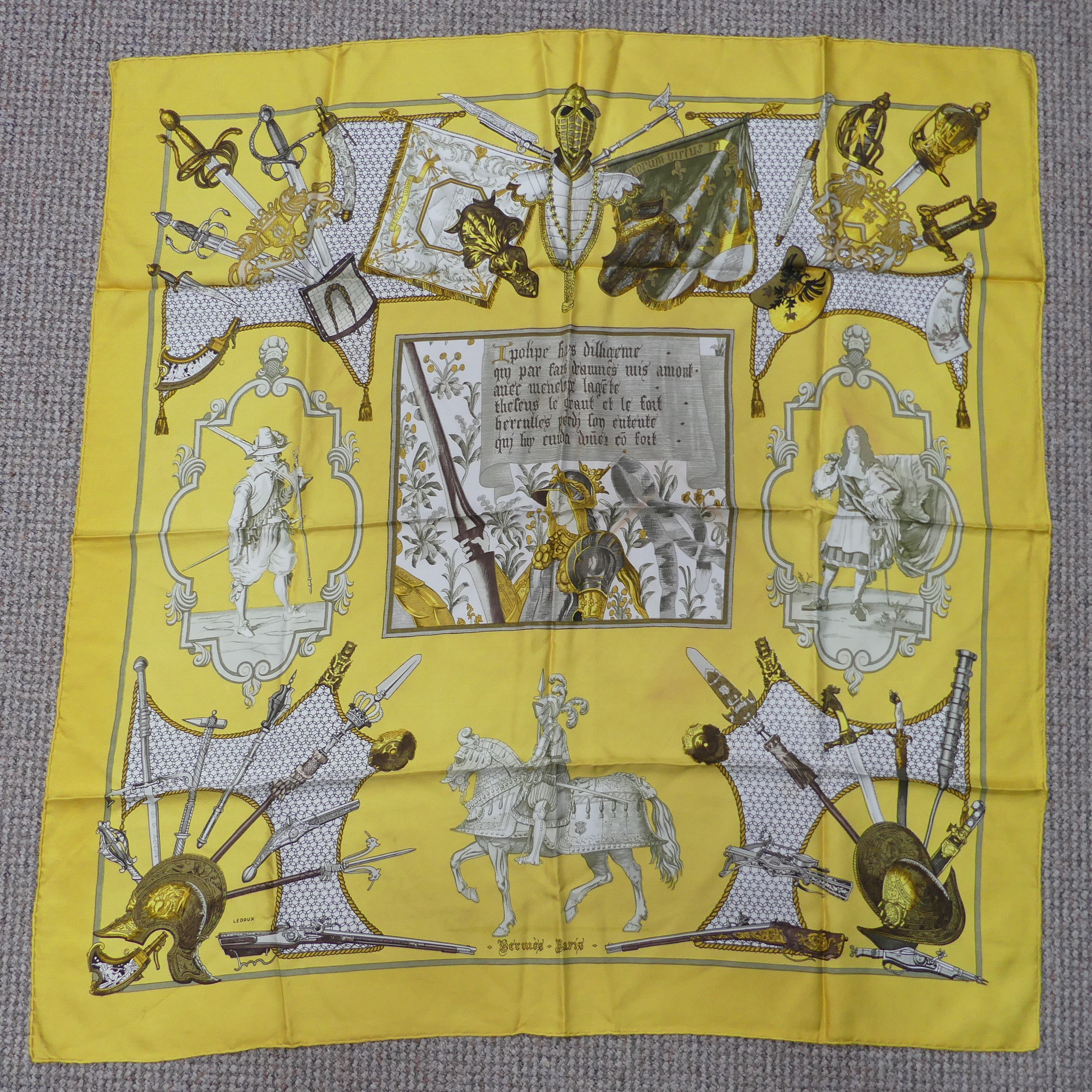 Two Hermès silk twill scarves: 'Springs', together with another, Gladiator style design on yellow - Image 3 of 4