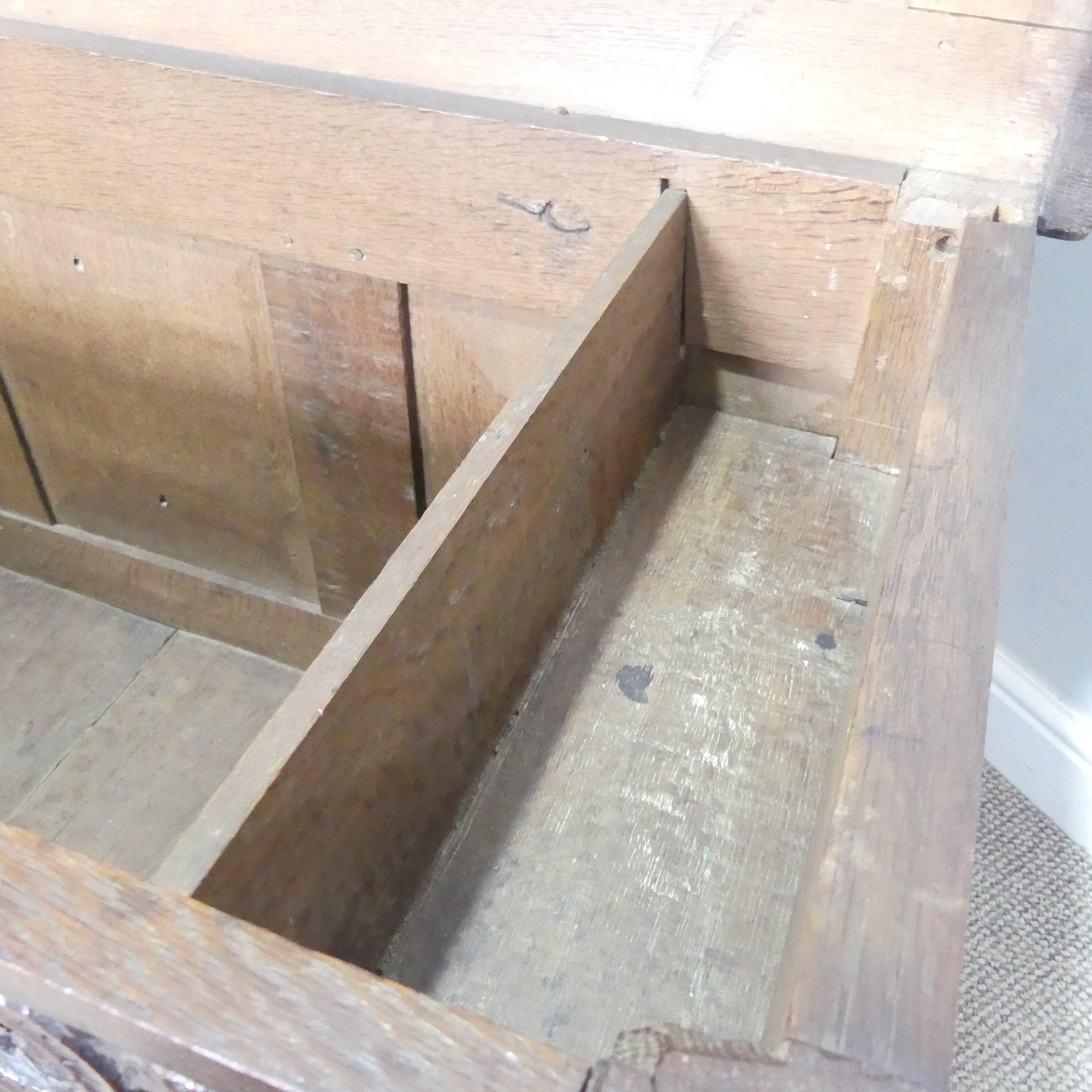 A 17th century oak Coffer, two panelled rectangular top with original pin hinges, over three - Bild 7 aus 12