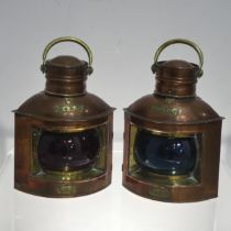 A pair of antique copper and brass marine Navigation Lamps, for 'Port' and 'Starboard', maker's