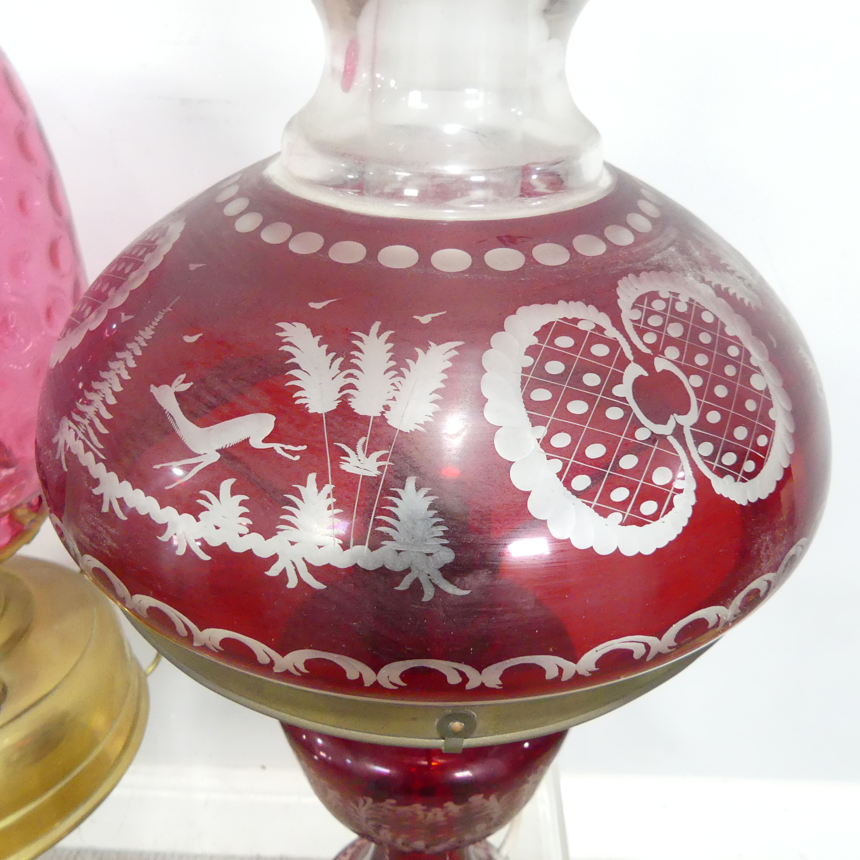 Two Cranberry Glass oil lamps, now converted to electricity(2) - Image 2 of 3