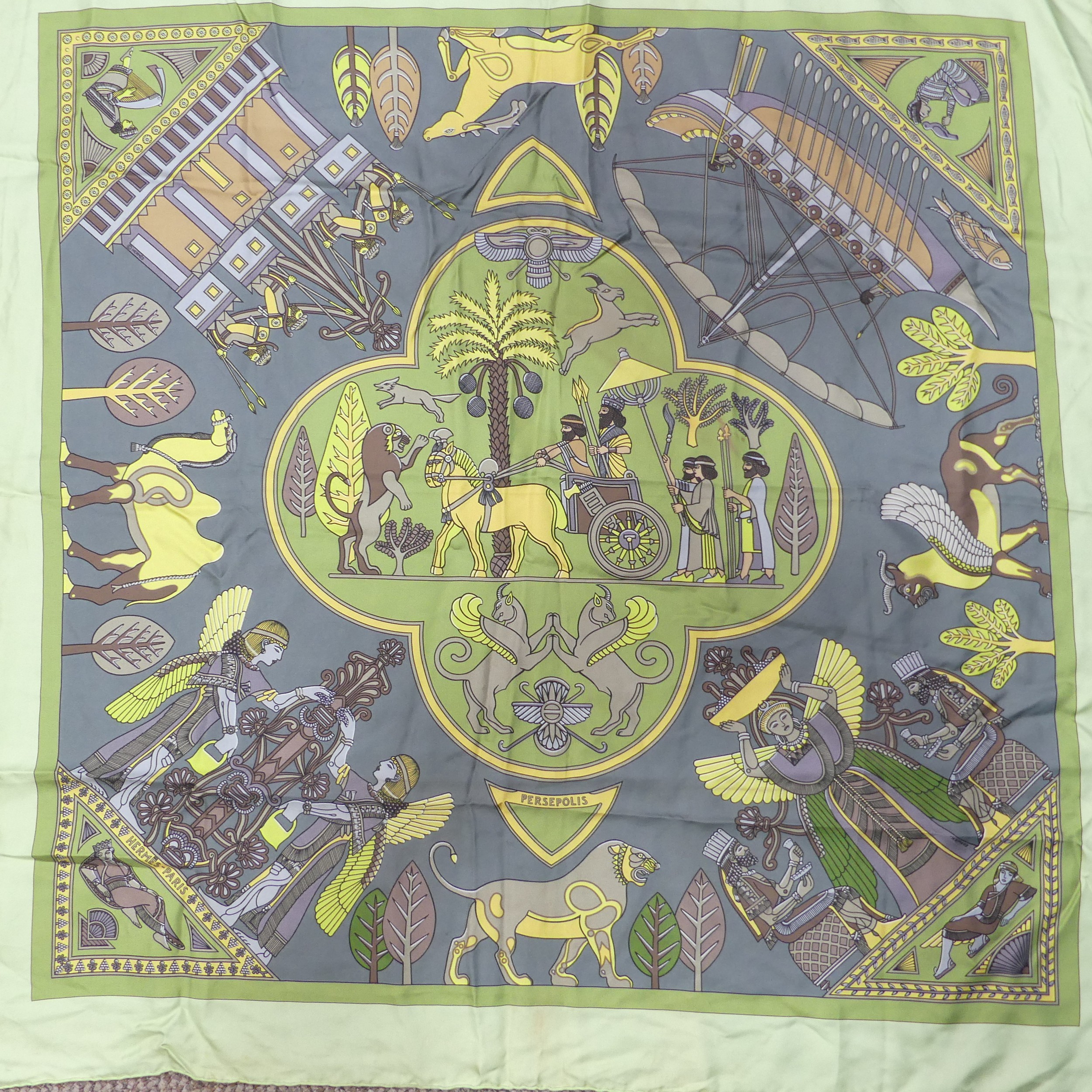 Two Hermès silk twill scarves: 'Persepolis', designedby Sophie Koechlin, with composition and - Image 4 of 5