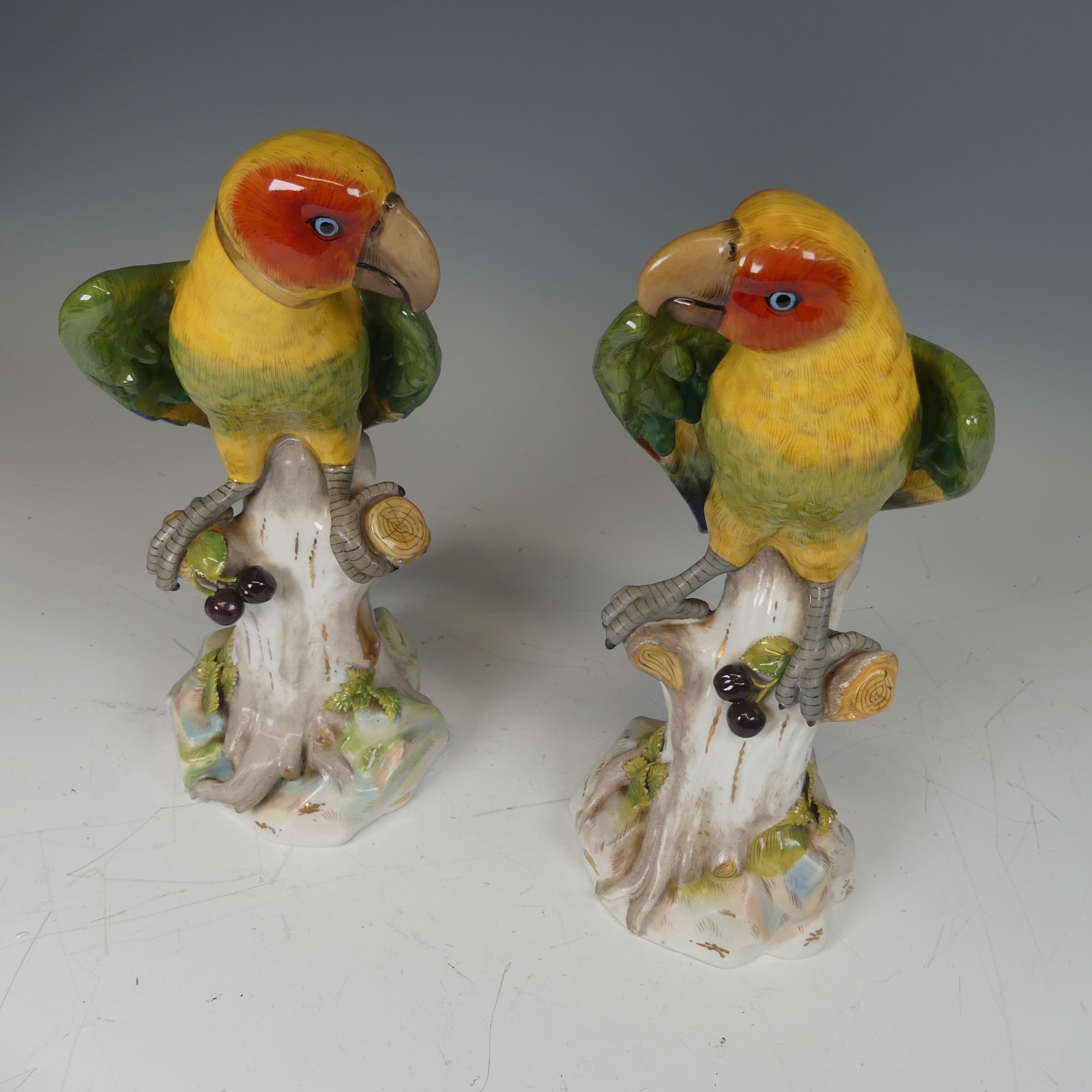 A pair of 20thC continental porcelain Parrots, modelled perched on a tree, underglaze blue mark to - Image 2 of 6