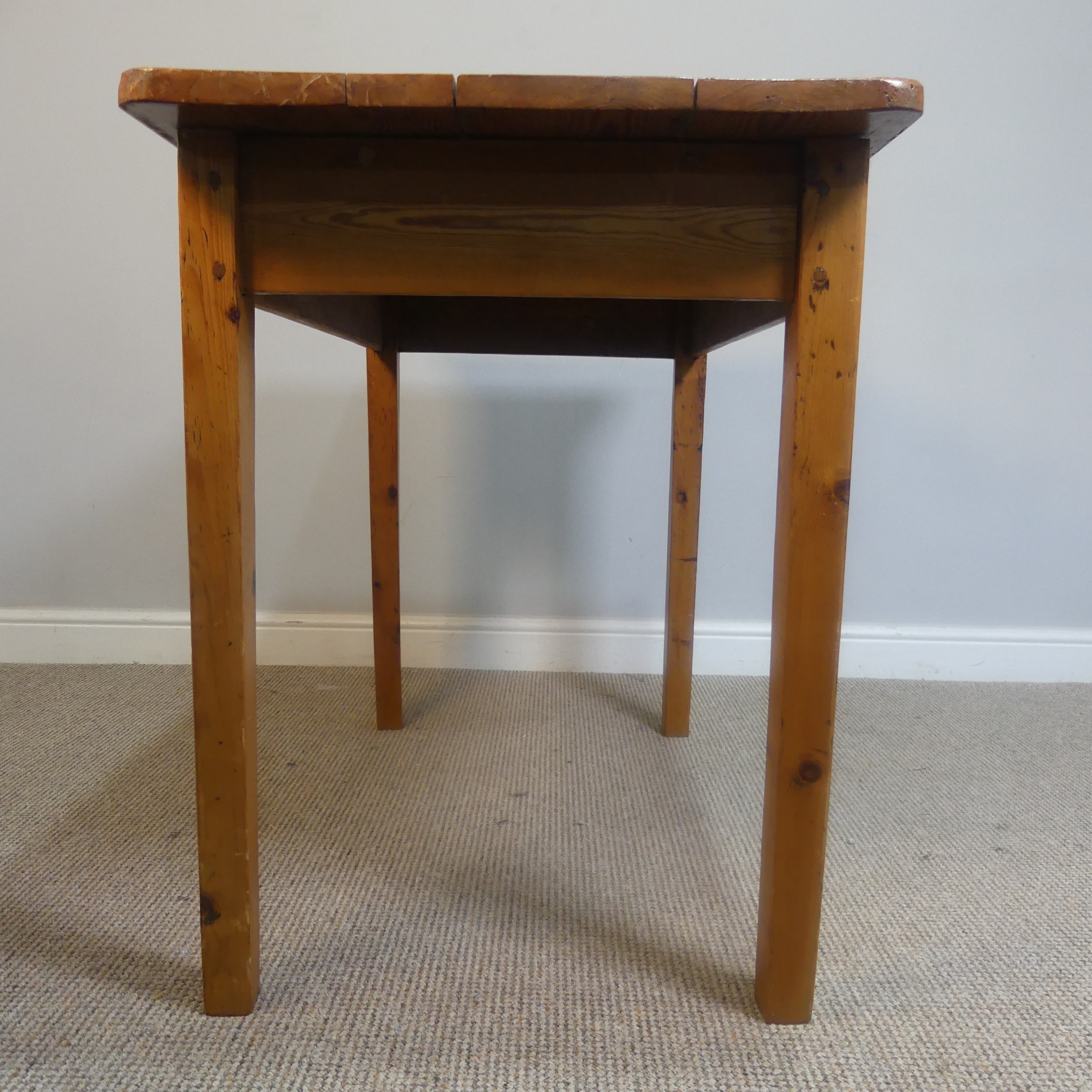 A small antique stained pine side Table, in the style of a kitchen Table, rectangular top raised - Image 4 of 8