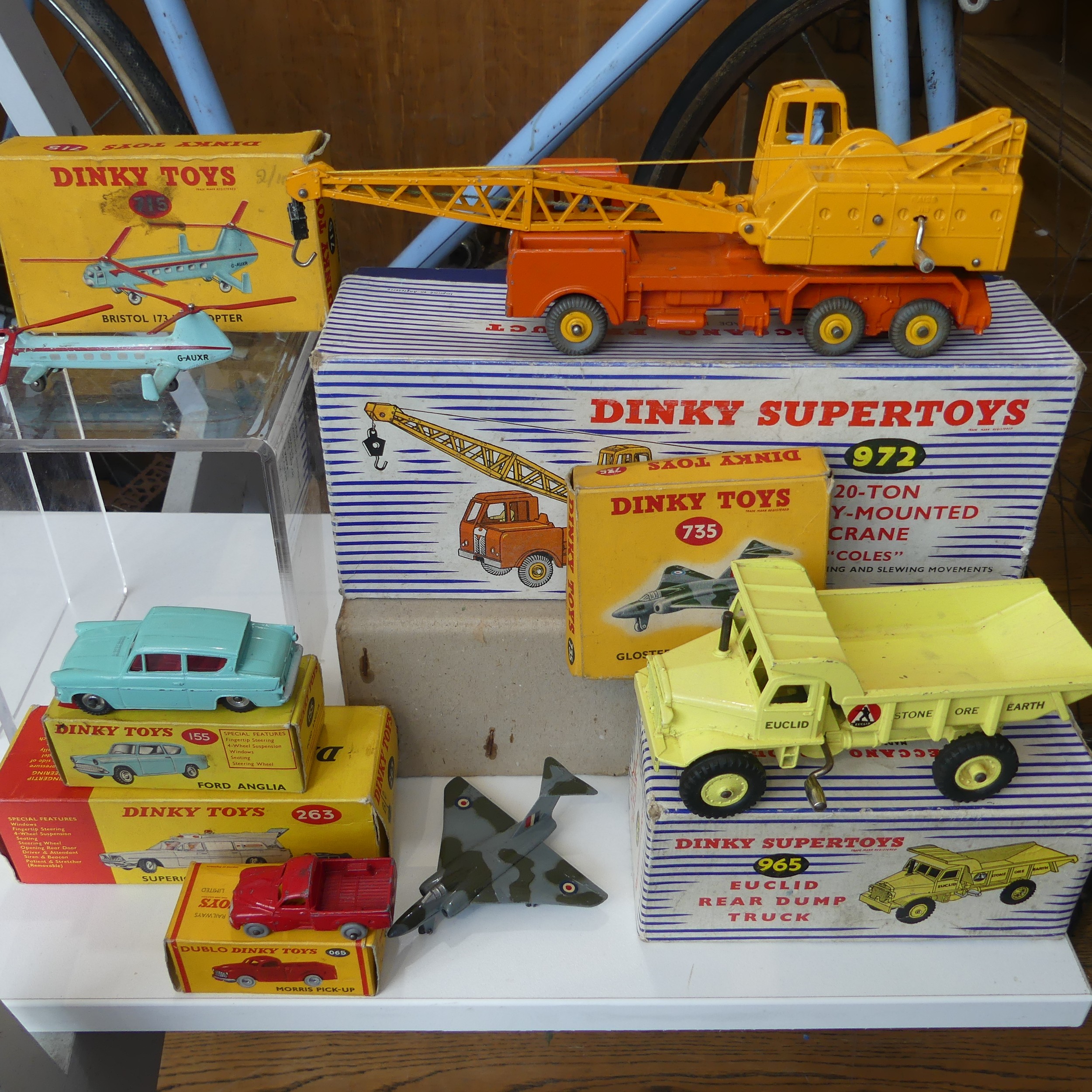 Dinky Toys; six boxed models, including 155 Ford Anglia, 263 Superior Criterion Ambulance, 965