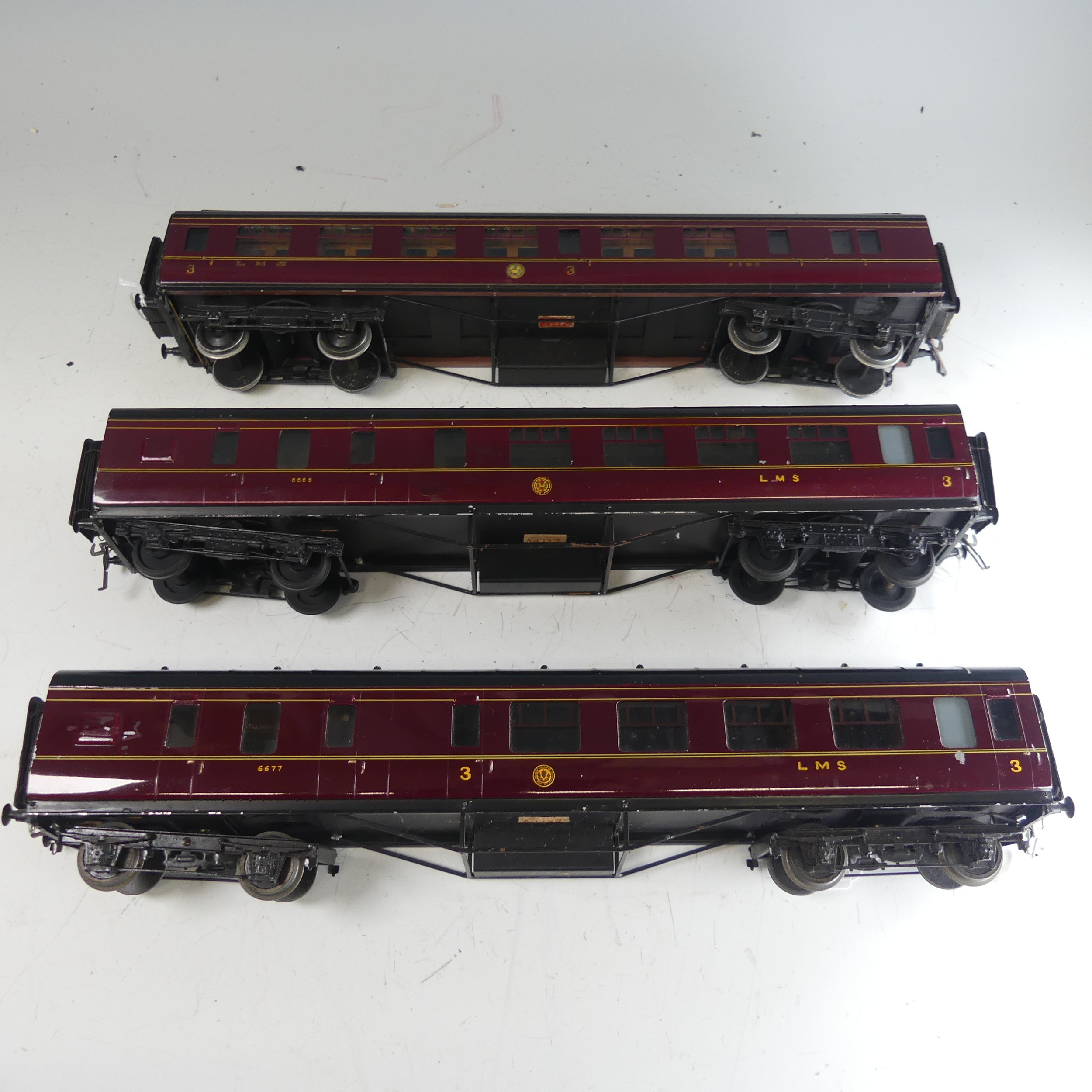 Three Exley ‘0’ gauge LMS 3rd Class Corridor End Brake Coaches, maroon with yellow lettering, No. - Image 2 of 8