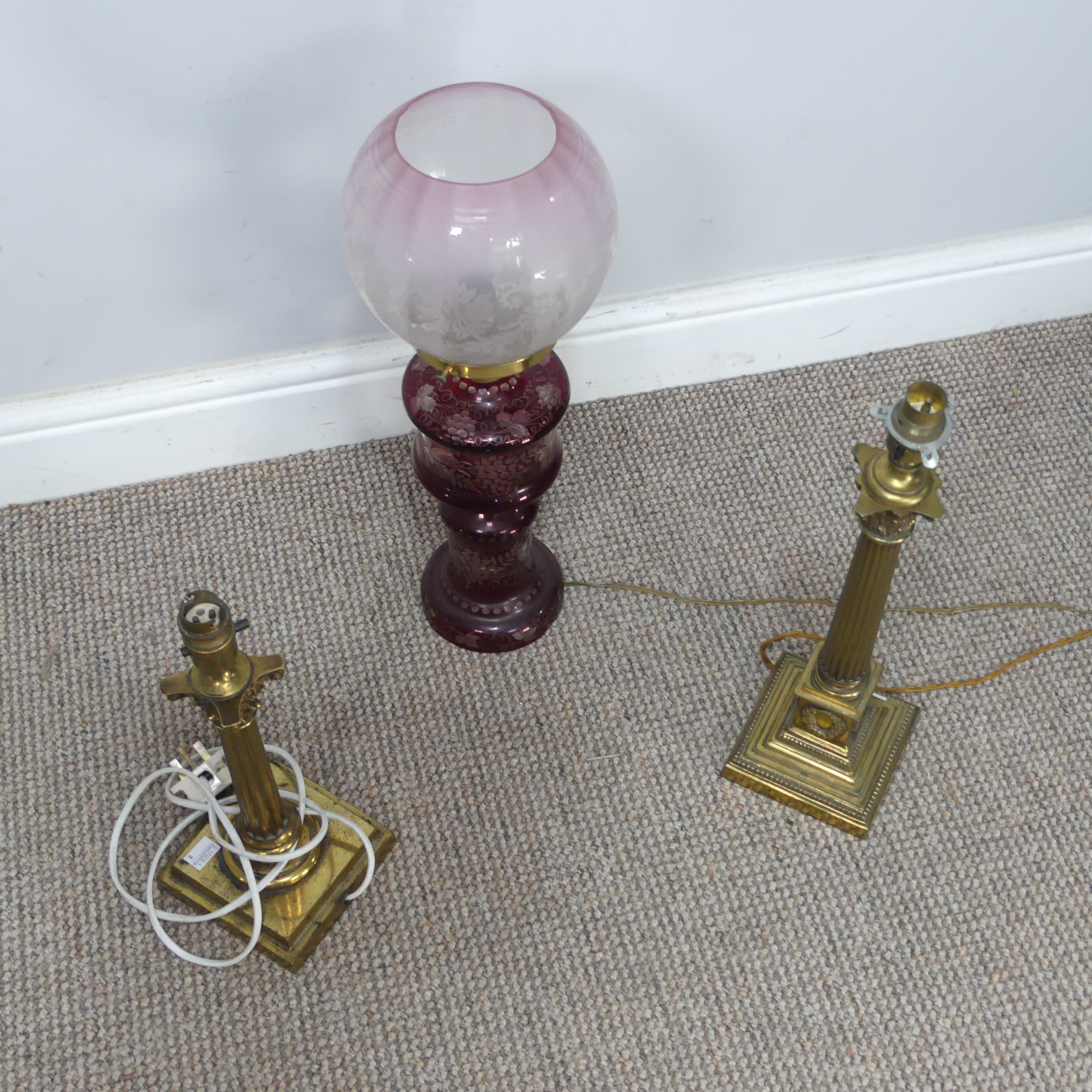 An antique ruby glass electrified Oil Lamp, with etched glass shade, H 49 cm, together with two - Bild 6 aus 6