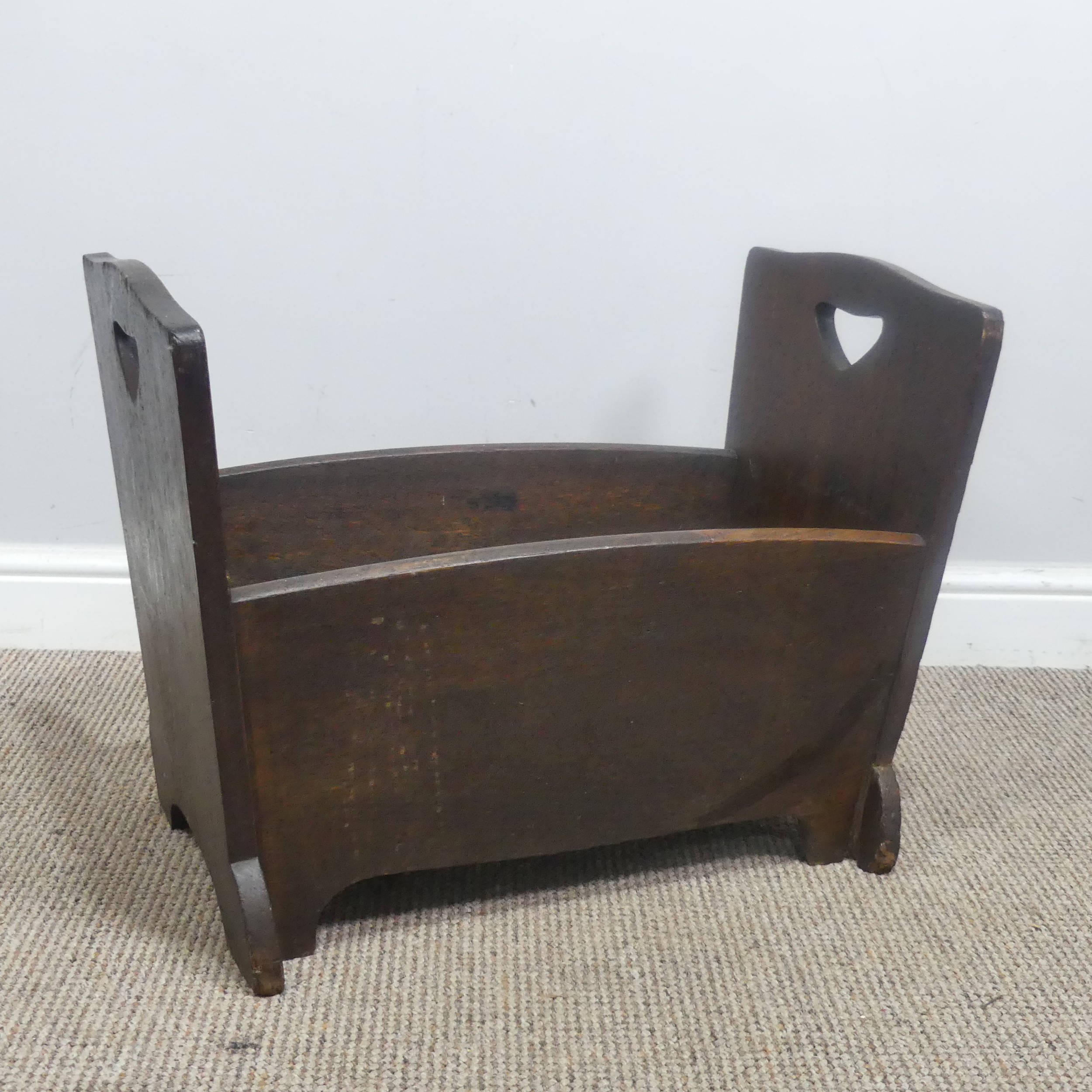 An Arts and Crafts oak Liberty log Box / Trough, of crib form with stylised heart cut-outs and - Image 3 of 8