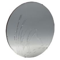 An Art Deco style circular wall Mirror, engraved with heron pattern design and wavy bevelled edge, W