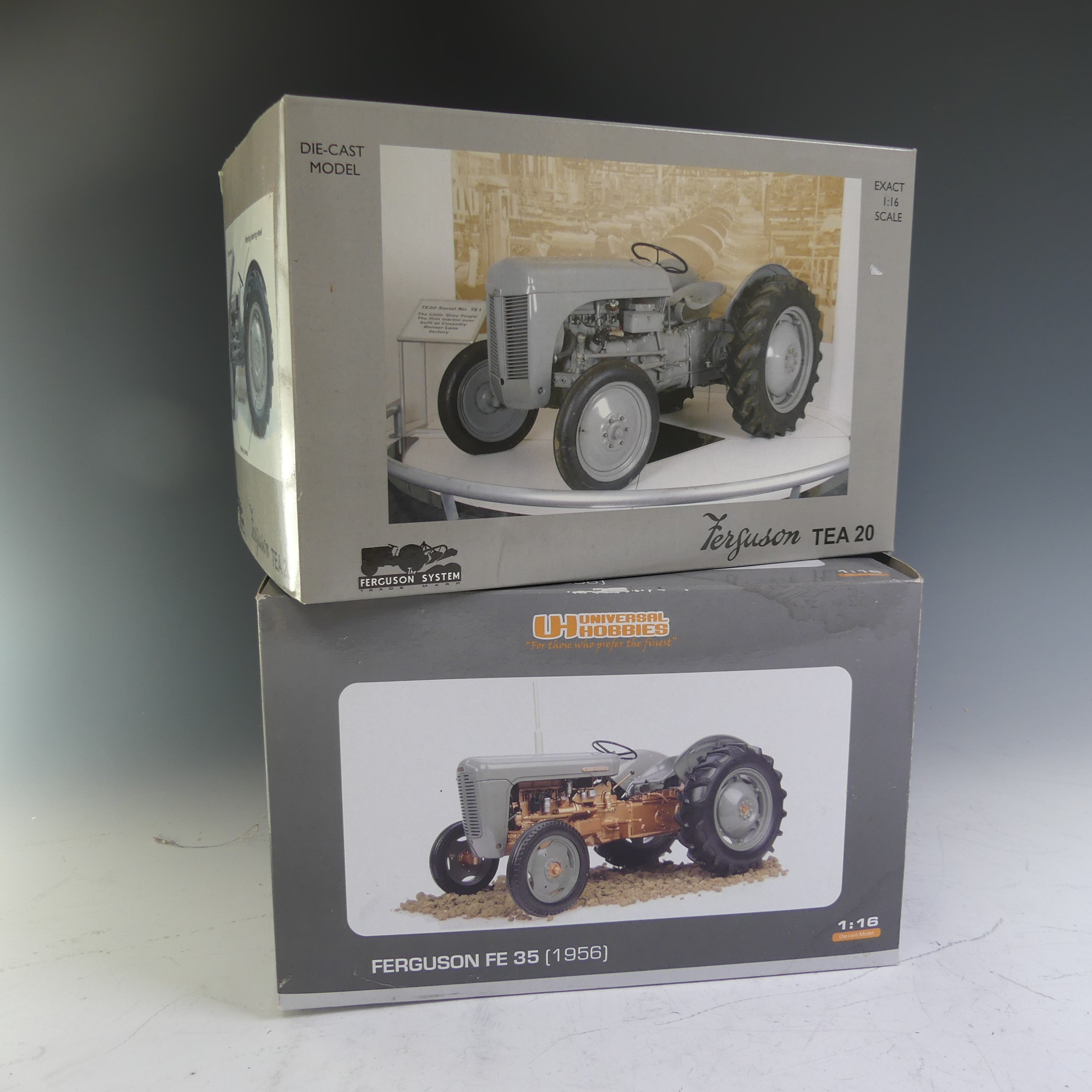 Universal Hobbies (1/16th scale) Ferguson FE 35 Tractor (1956), grey, boxed, and Ferguson Tea 20,