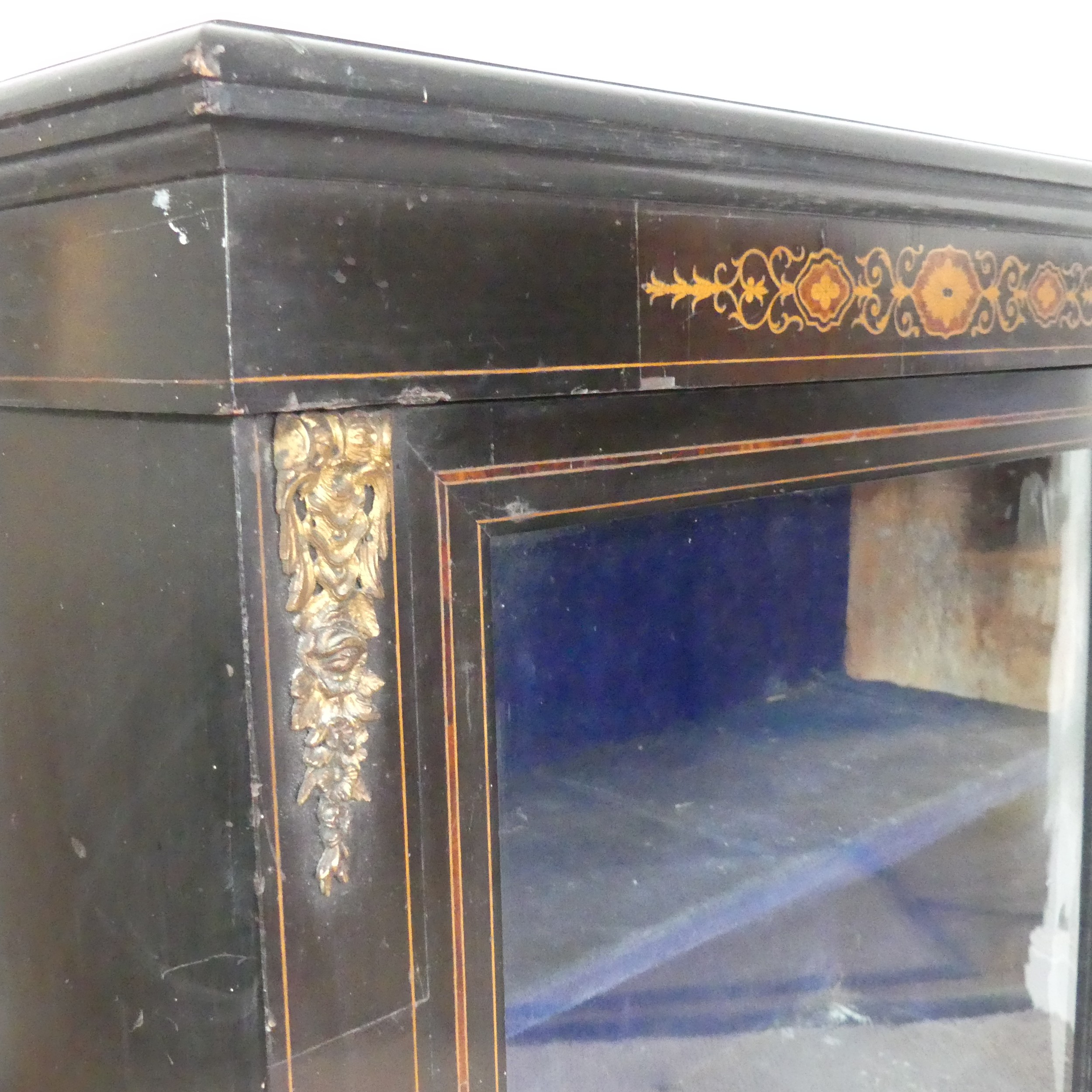 A Victorian ebonised and marquetry glazed Pier Cabinet, top over inlaid frieze and glazed cupboard - Image 4 of 7