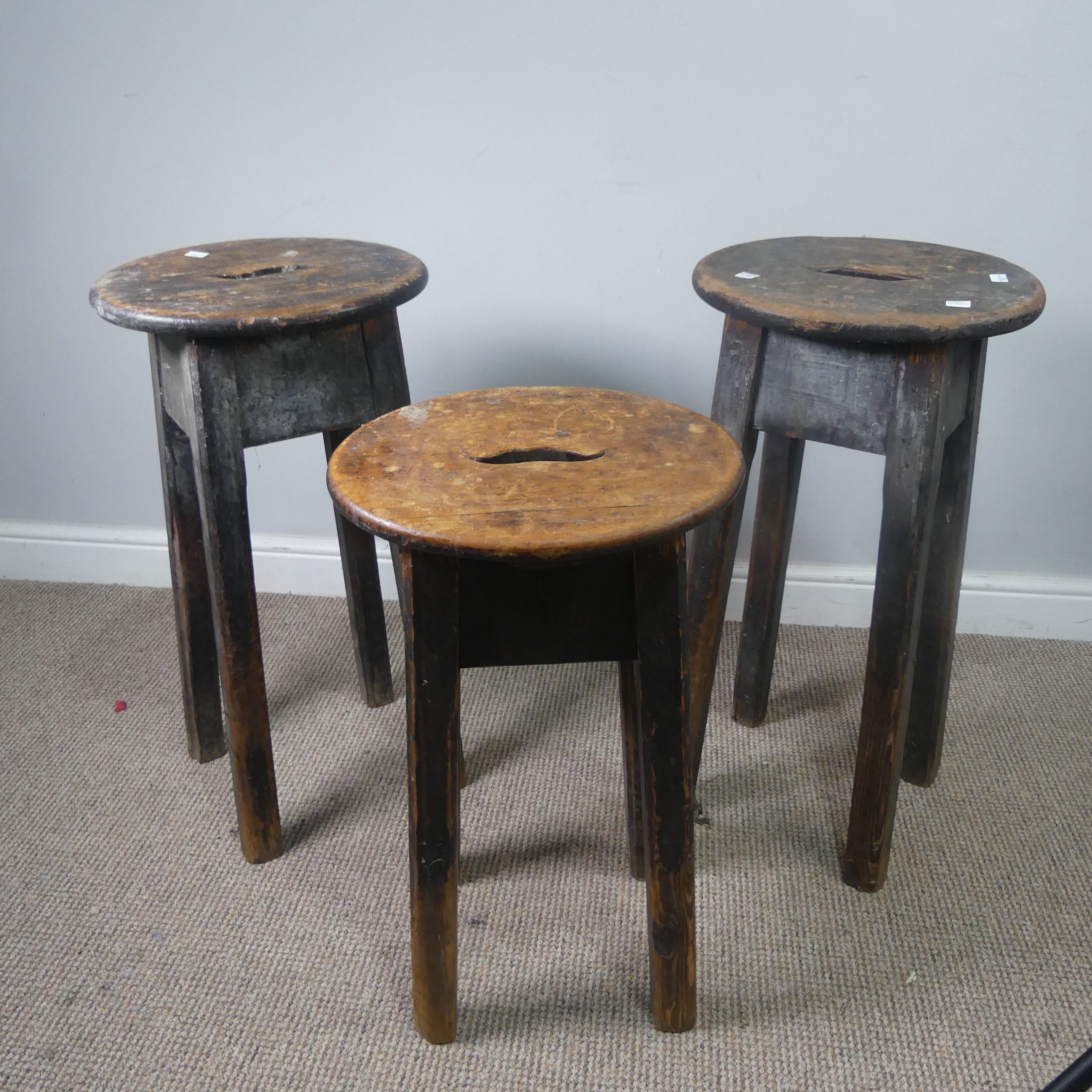 Three antique stained pine kitchen Stools, with oval tops and pierced handles, raised on chamfered - Image 2 of 4