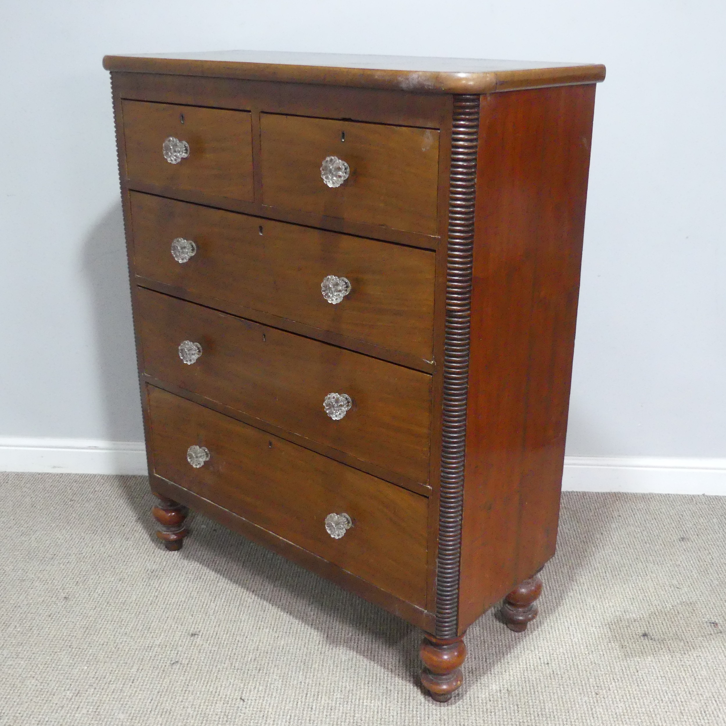 A Victorian stained pine and mahogany Chest of Drawers, with original glass handles, W 101 cm x H - Image 2 of 7