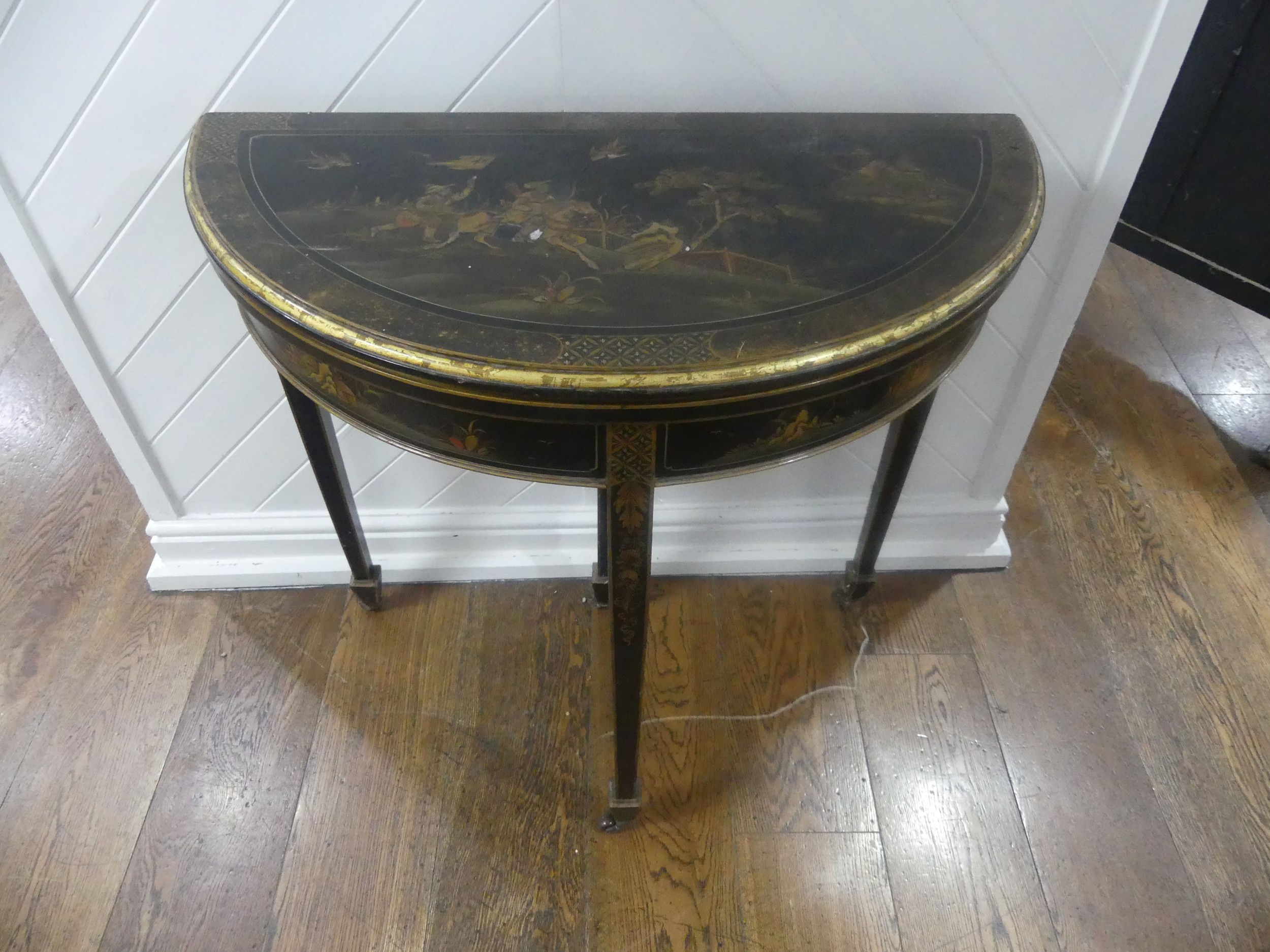An early 20th century Chinoiserie demi lune card Table, black lacquered and painted gilt - Image 2 of 9