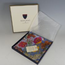 An Aspinal of London silk twill scarf: 'Botanical' design, hand rolled edges, boxed and unused.