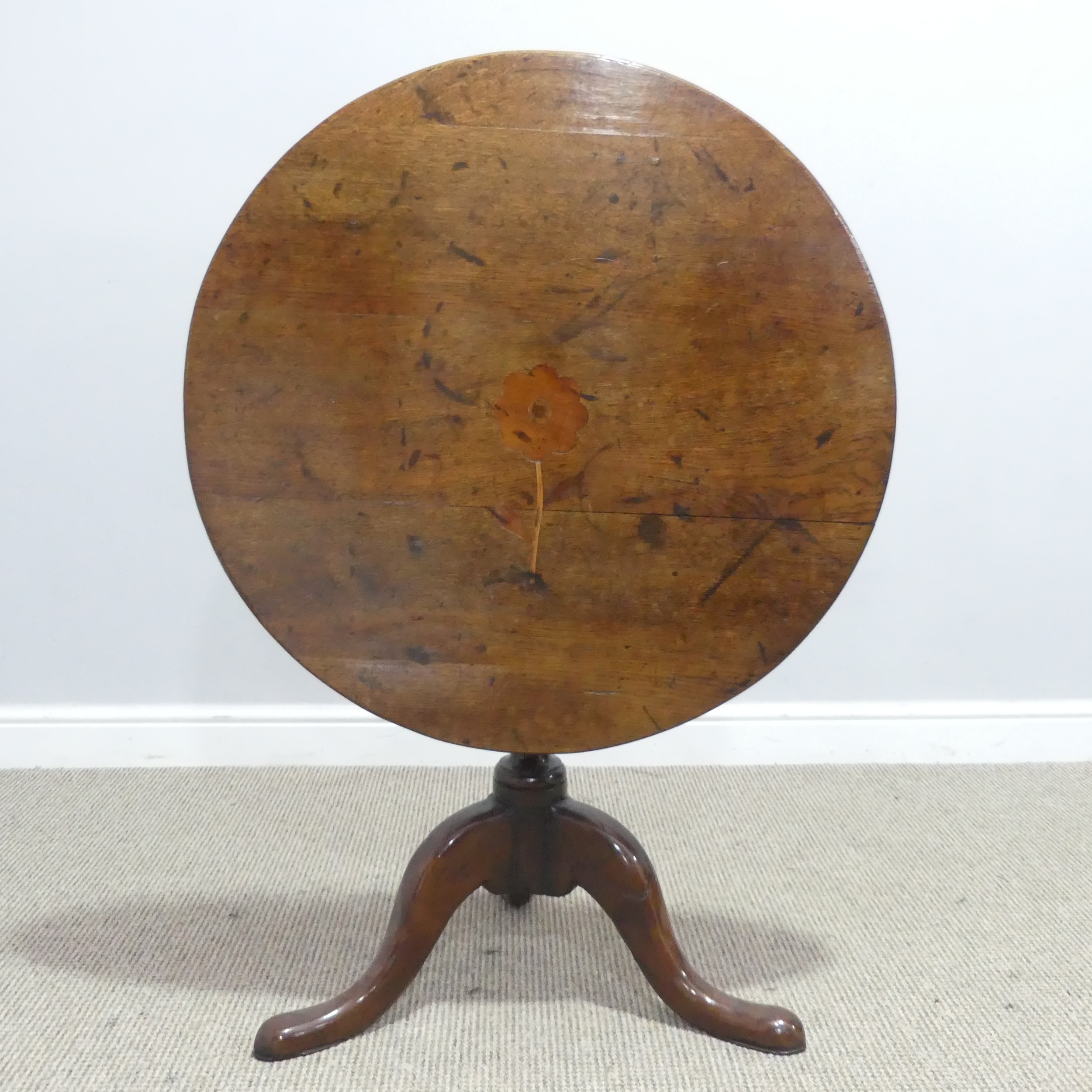 A 19th century oak tilt-top tripod Table, circular top with inlaid design of a flower, W 72.5 cm x H