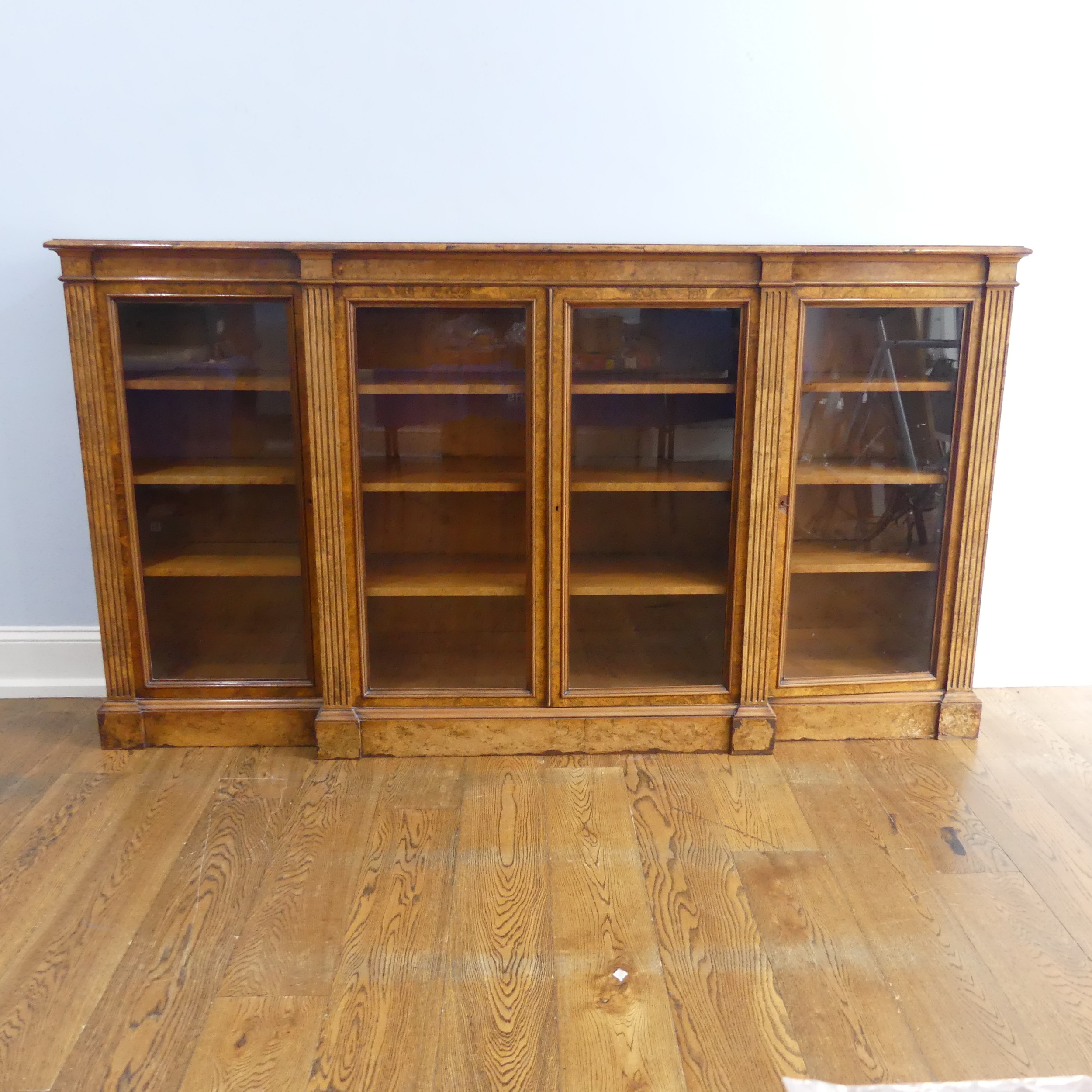 A good Victorian burr walnut breakfront glazed Bookcase, shaped top over glazed doors and plinth - Image 14 of 14