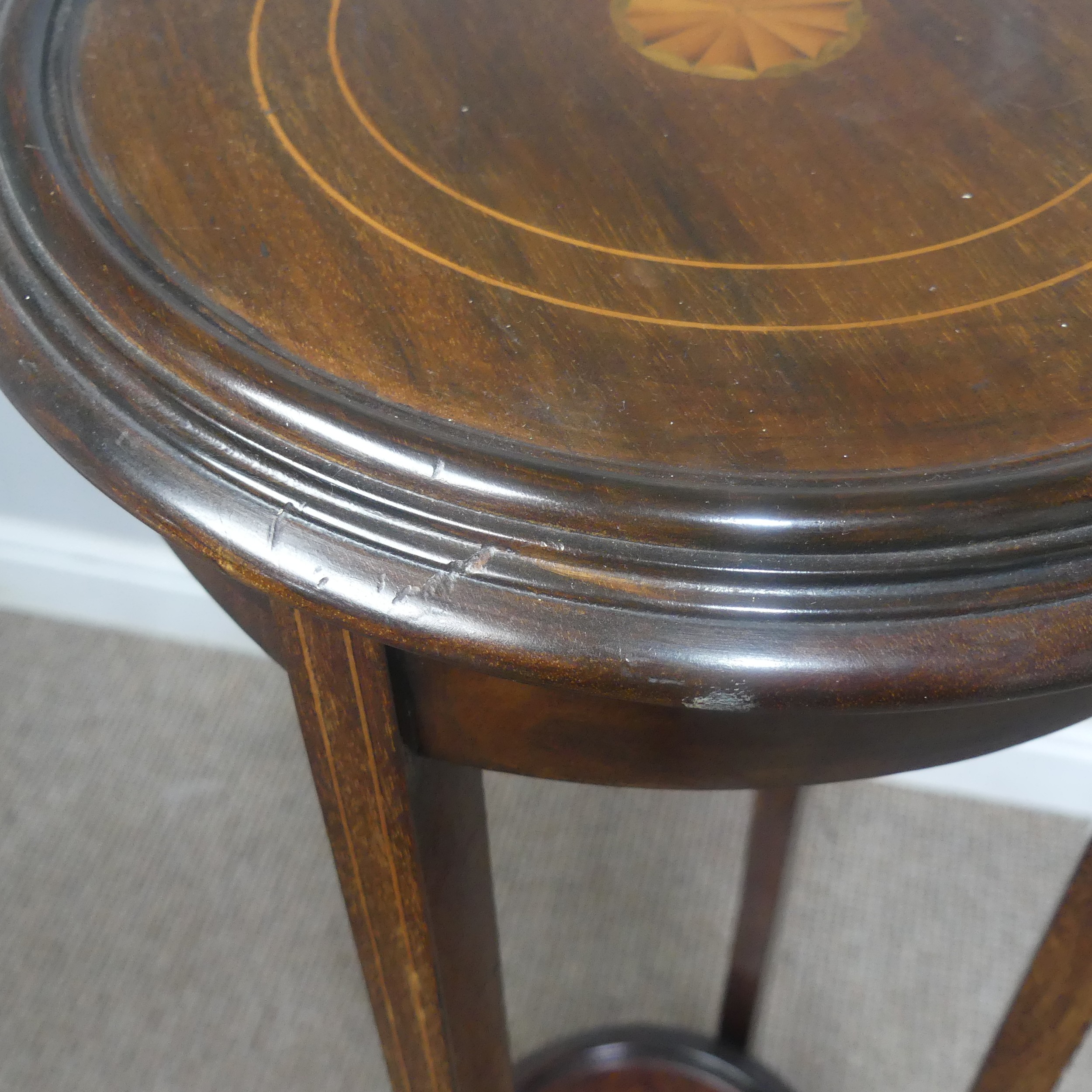 An Edwardian mahogany and inlaid Plant Stand, of circular form, H 99 cm, together with a woven - Image 6 of 7