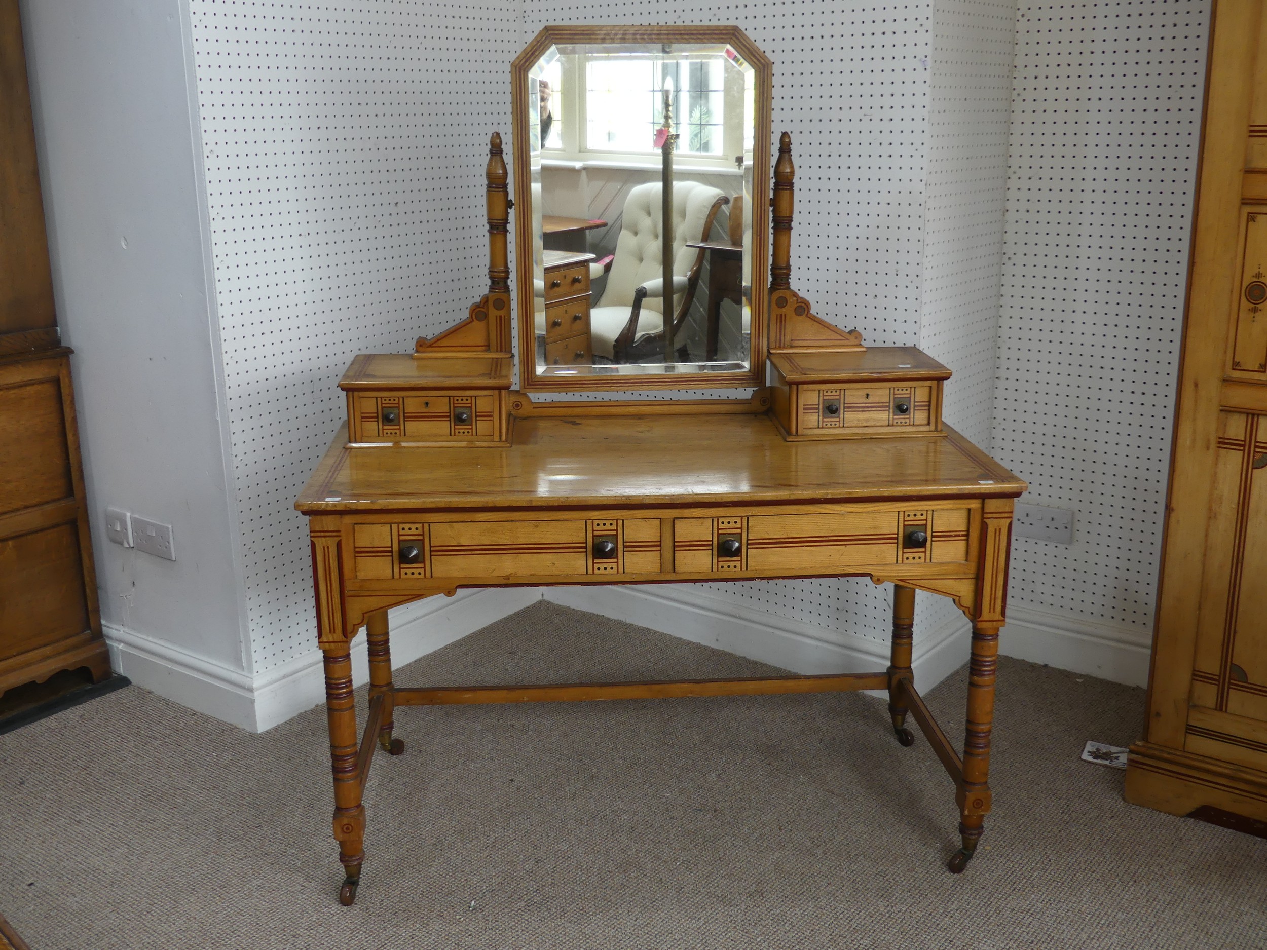 A good Aesthetic Movement pitch pine and oak Bedroom Suite, circa 1870, all pieces with matching - Image 3 of 20