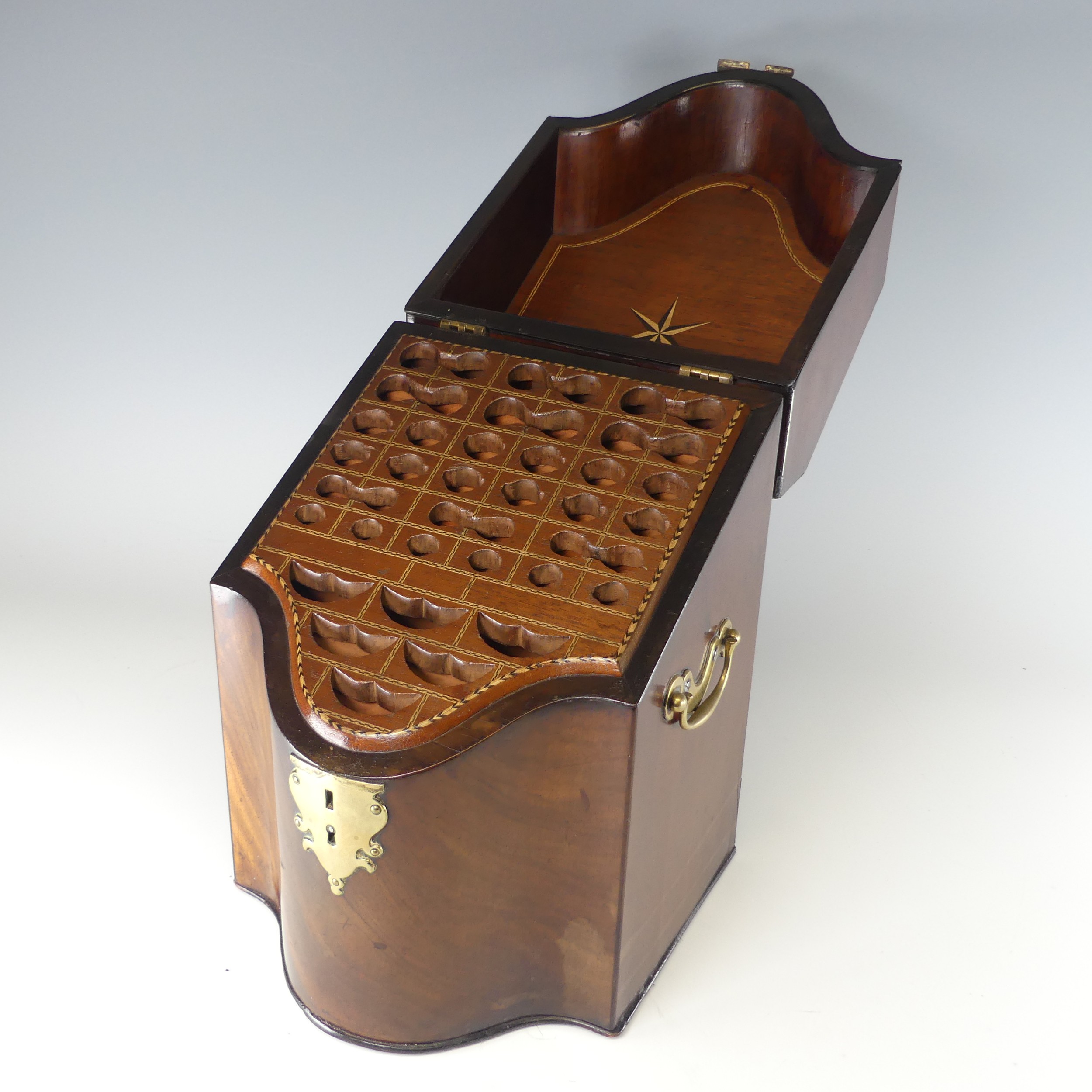 A Georgian mahogany serpentine front Knife Box, brass carrying handles to either side, with original - Image 8 of 10