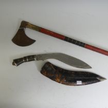 An Anglo-Indian style Axe, with shaped head on painted shaft, L 96 cm, together with a Gurkha Knife,