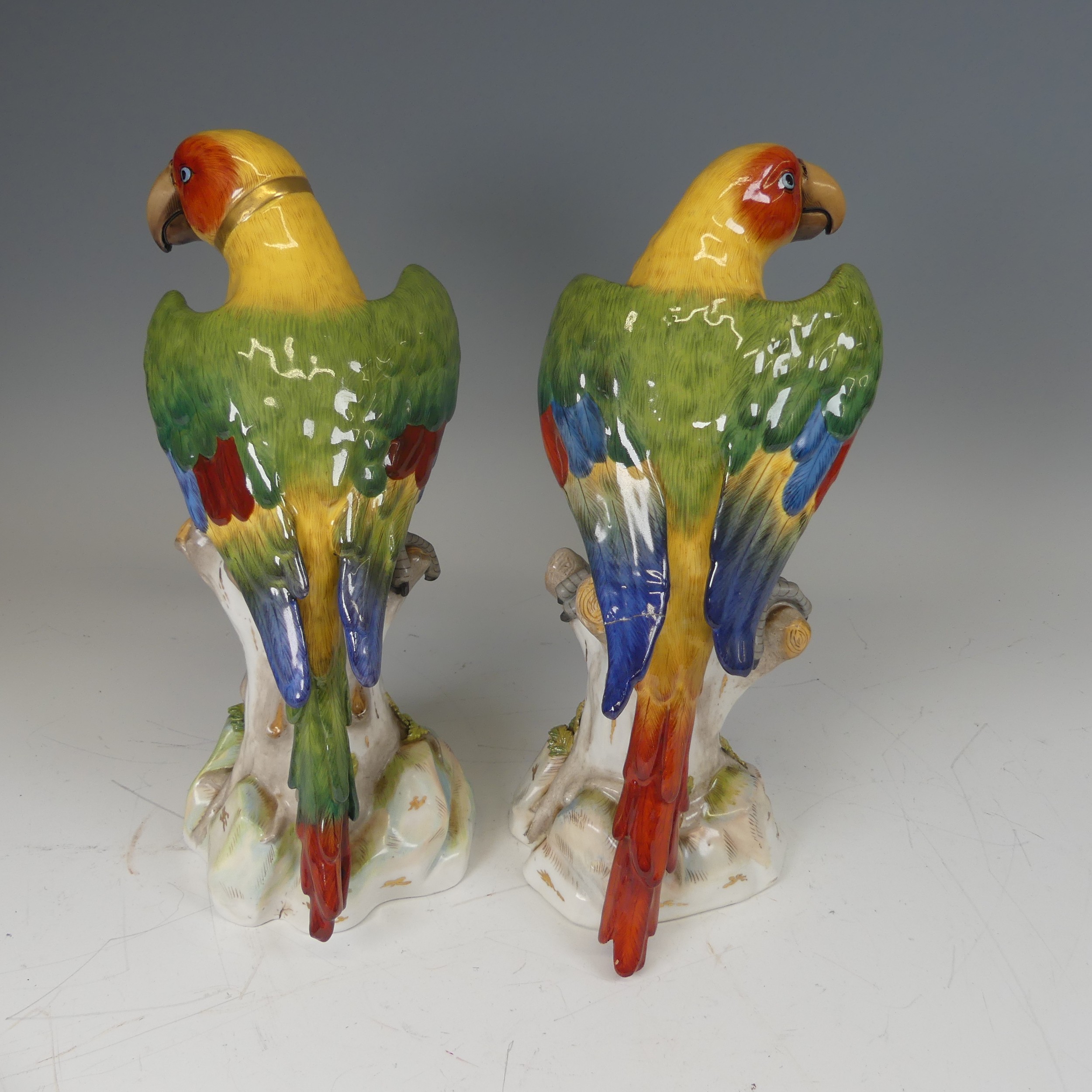 A pair of 20thC continental porcelain Parrots, modelled perched on a tree, underglaze blue mark to - Image 3 of 6