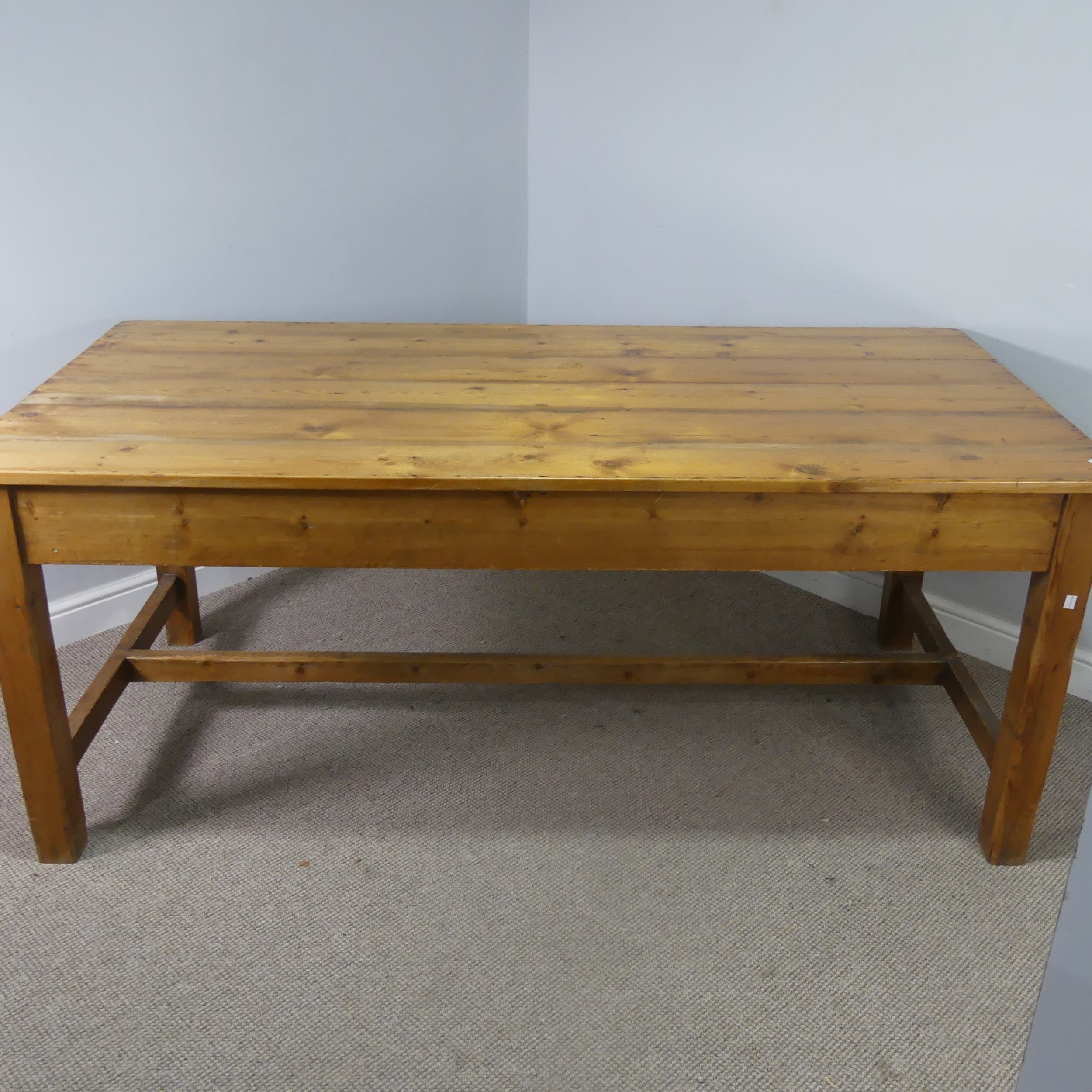 An early 20th century pitch pine Farmhouse Kitchen refectory Table, six planked top raised on square - Image 3 of 3
