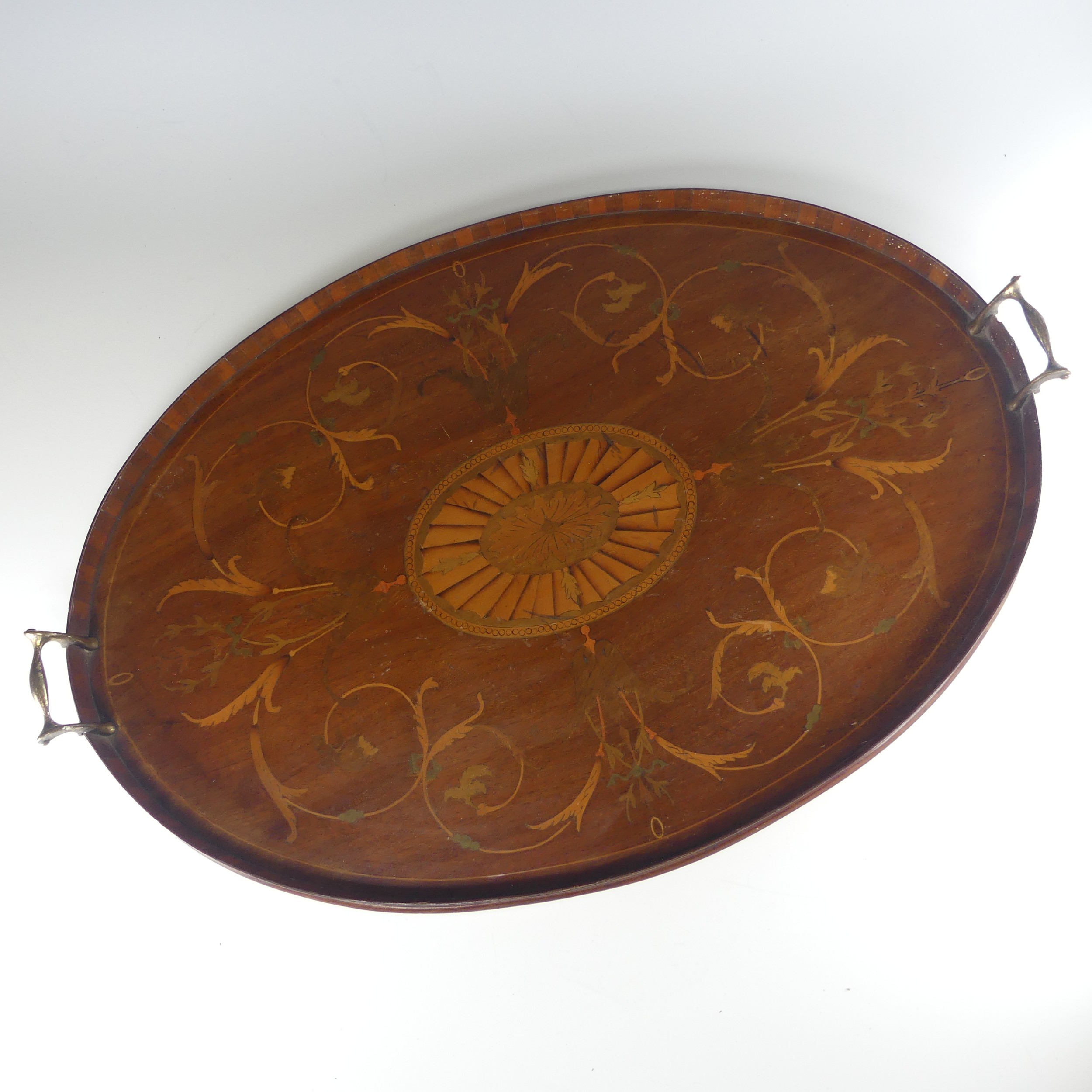 An Edwardian mahogany and marquetry galleried twin-handled Tray, the gallery of chequerboard boxwood - Image 3 of 26