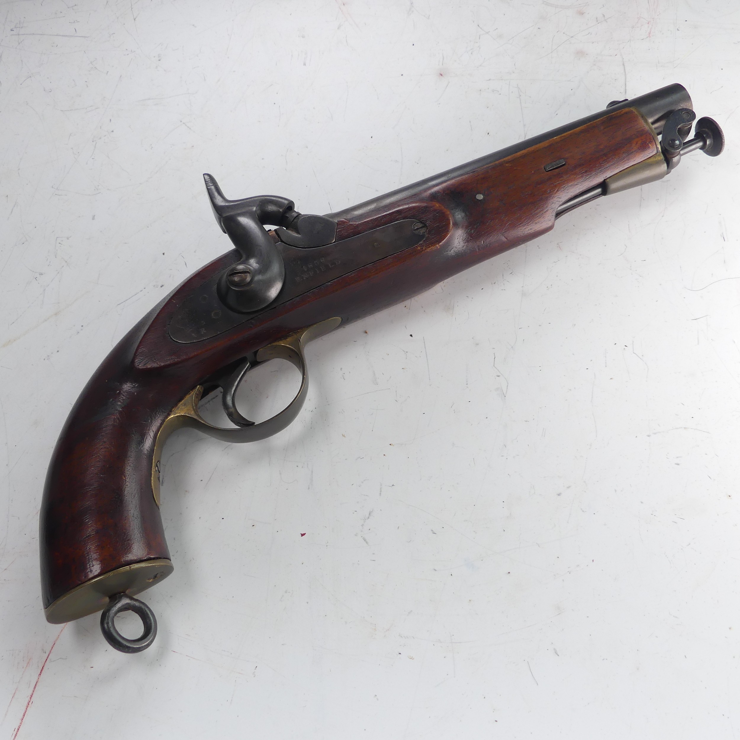 A 19th century 'Enfield' percussion cap service Pistol, with walnut stock, 8 inch steel barrel, - Image 3 of 7