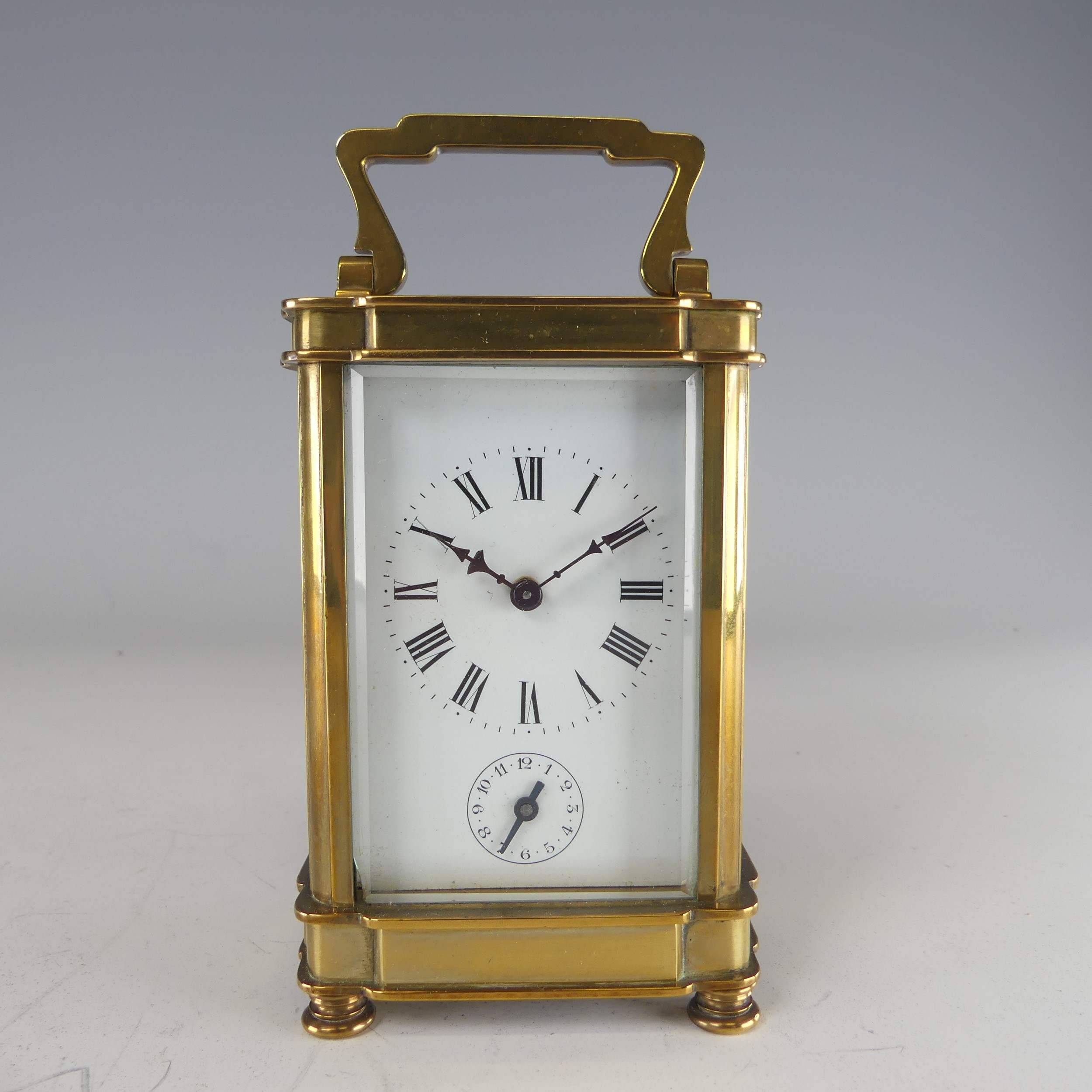 A 20th century French alarm carriage Clock, enamelled white dial with Roman numerals and - Image 4 of 9