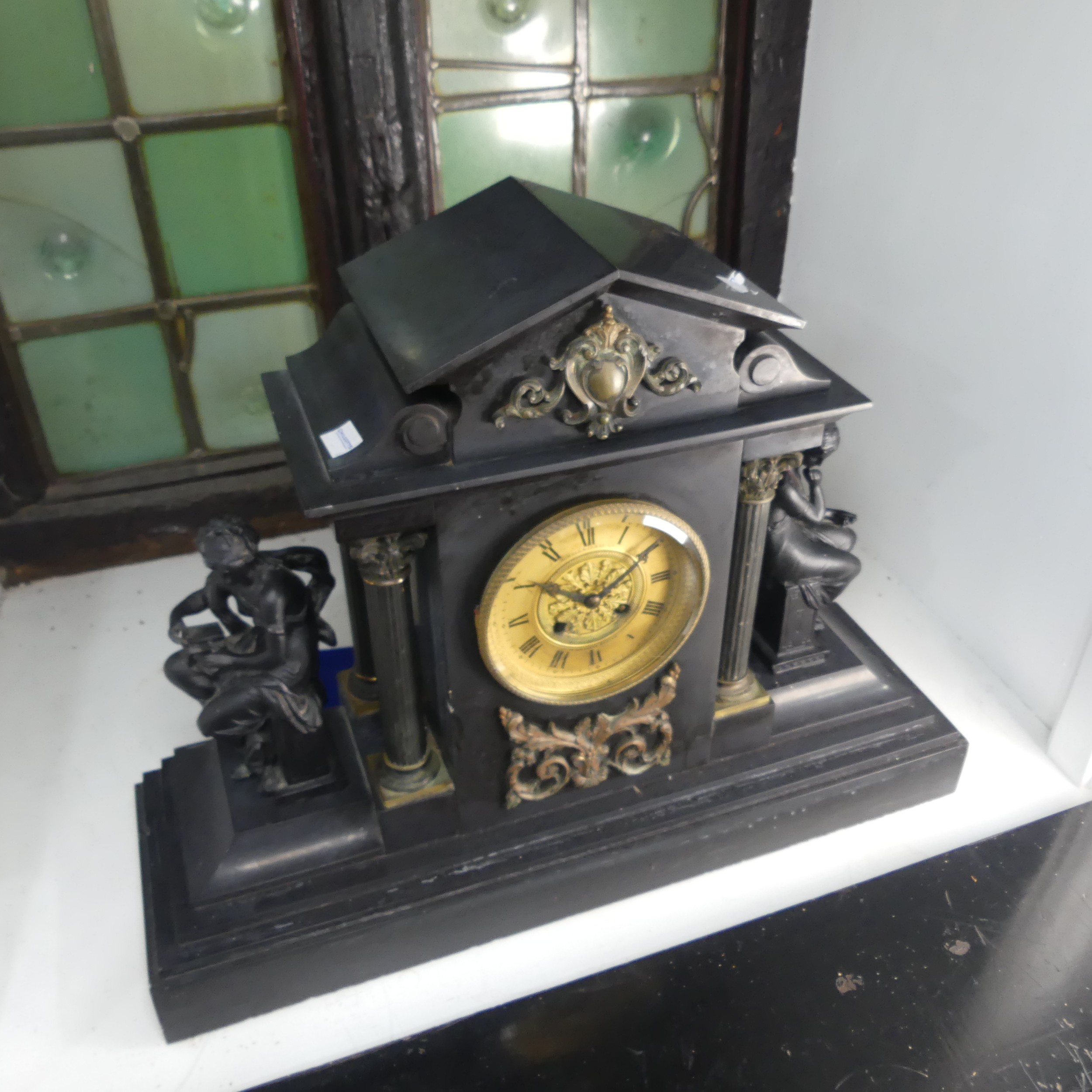 A large Victorian slate mantle Clock by Howell & James Ltd, with metal garnitures to either side, - Image 3 of 4