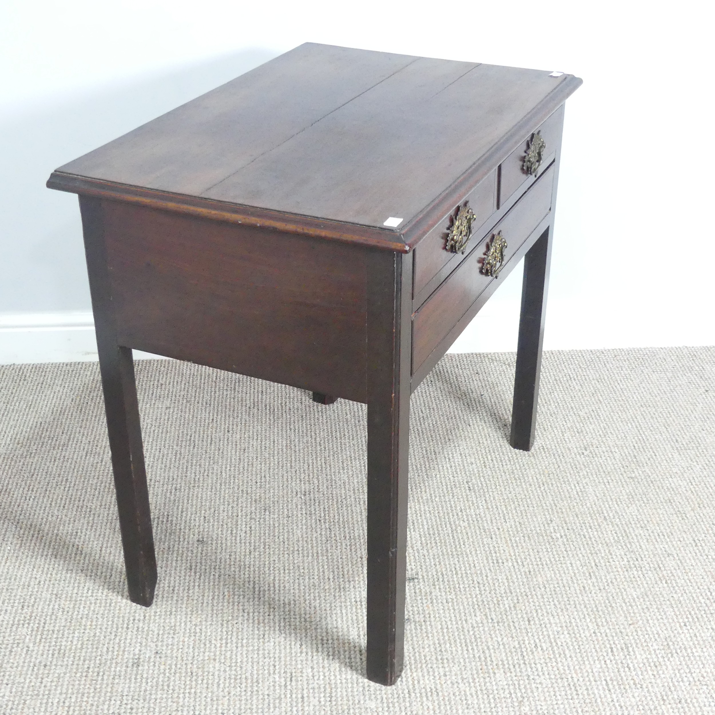 A Georgian oak Lowboy, shaped top over three drawers and square canted legs, W 75.5 cm x H 71 cm x D - Image 6 of 6