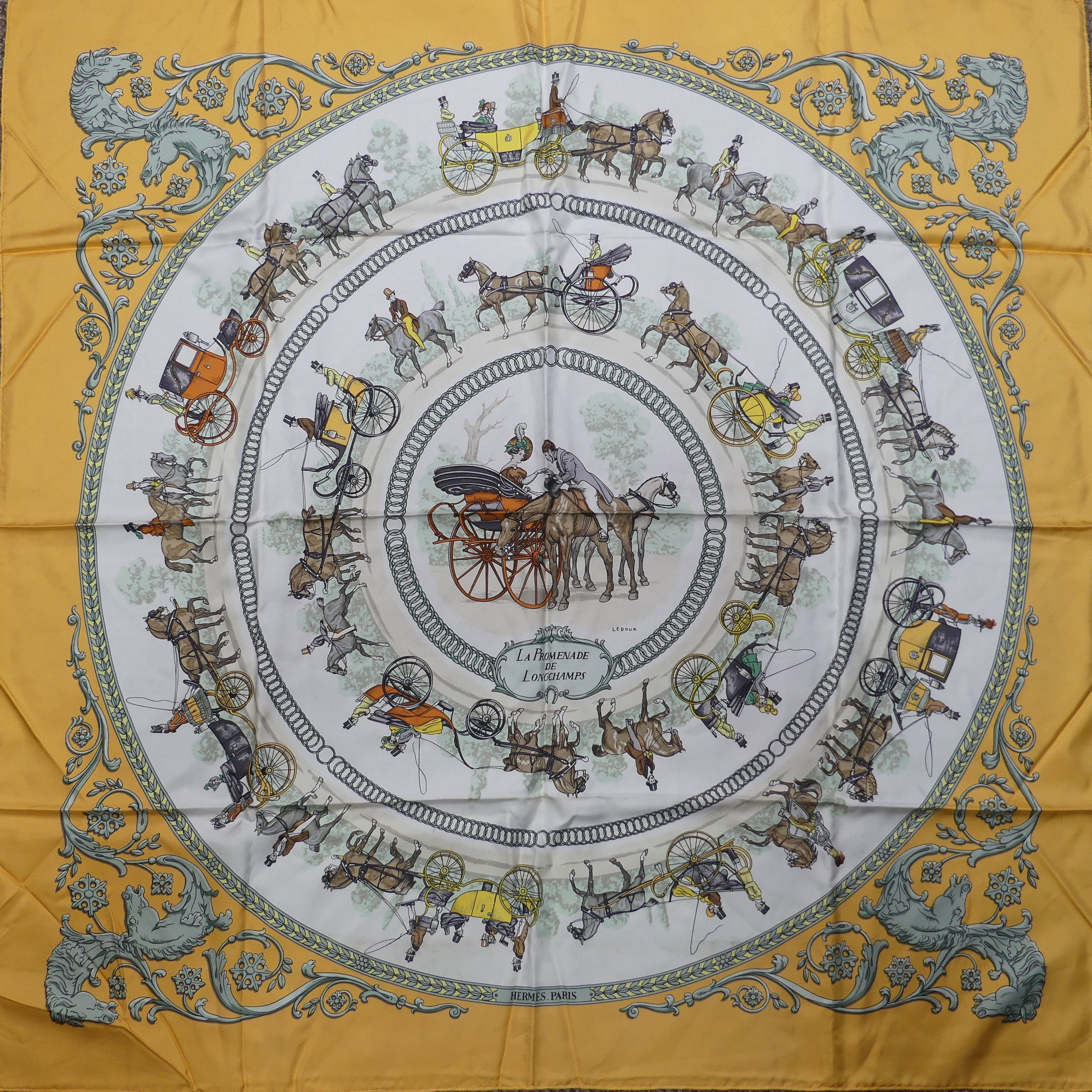 A Hermès silk twill scarf: 'La Promenade De Longchamps', designed by Philippe Ledoux, on cream - Image 2 of 2