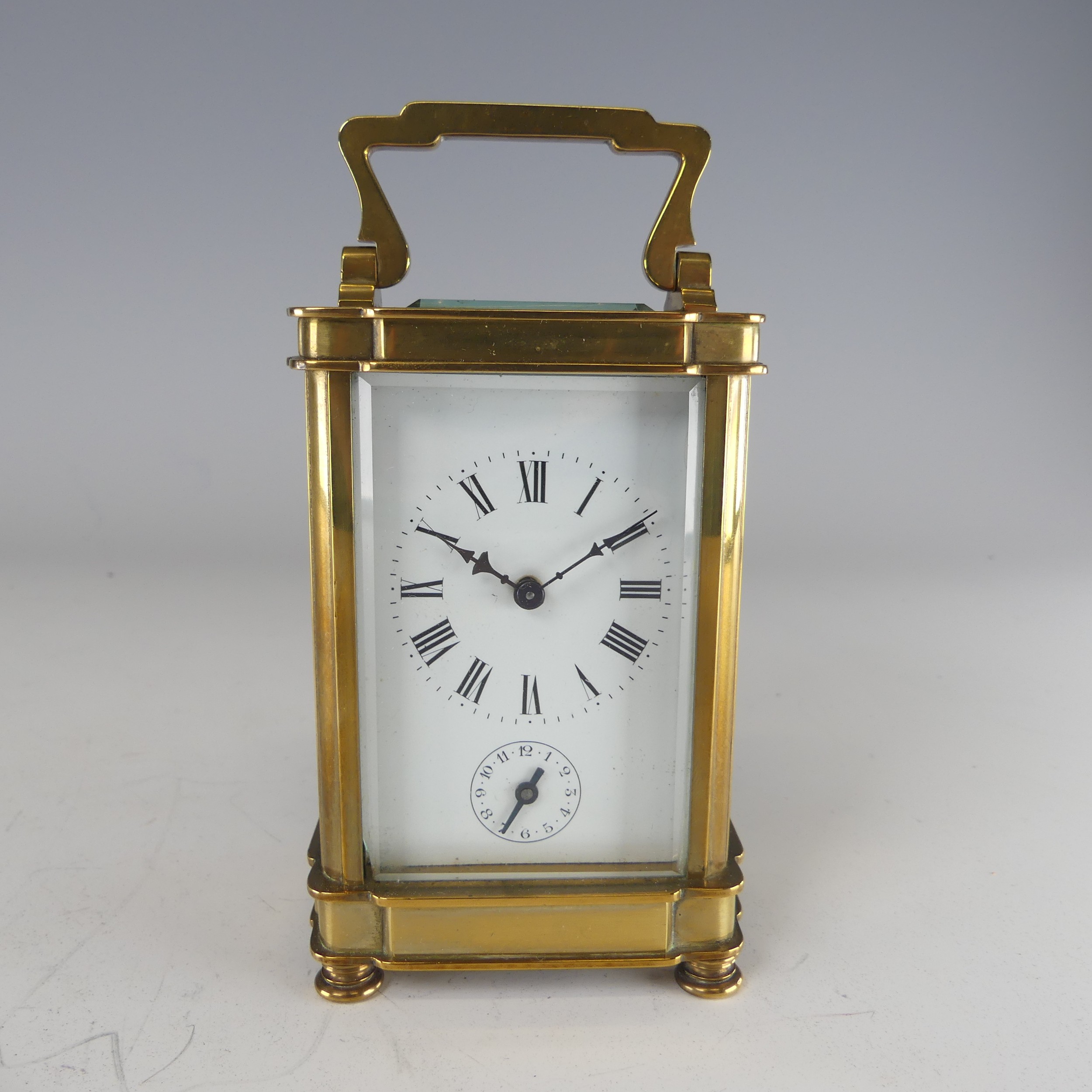 A 20th century French alarm carriage Clock, enamelled white dial with Roman numerals and - Image 3 of 9