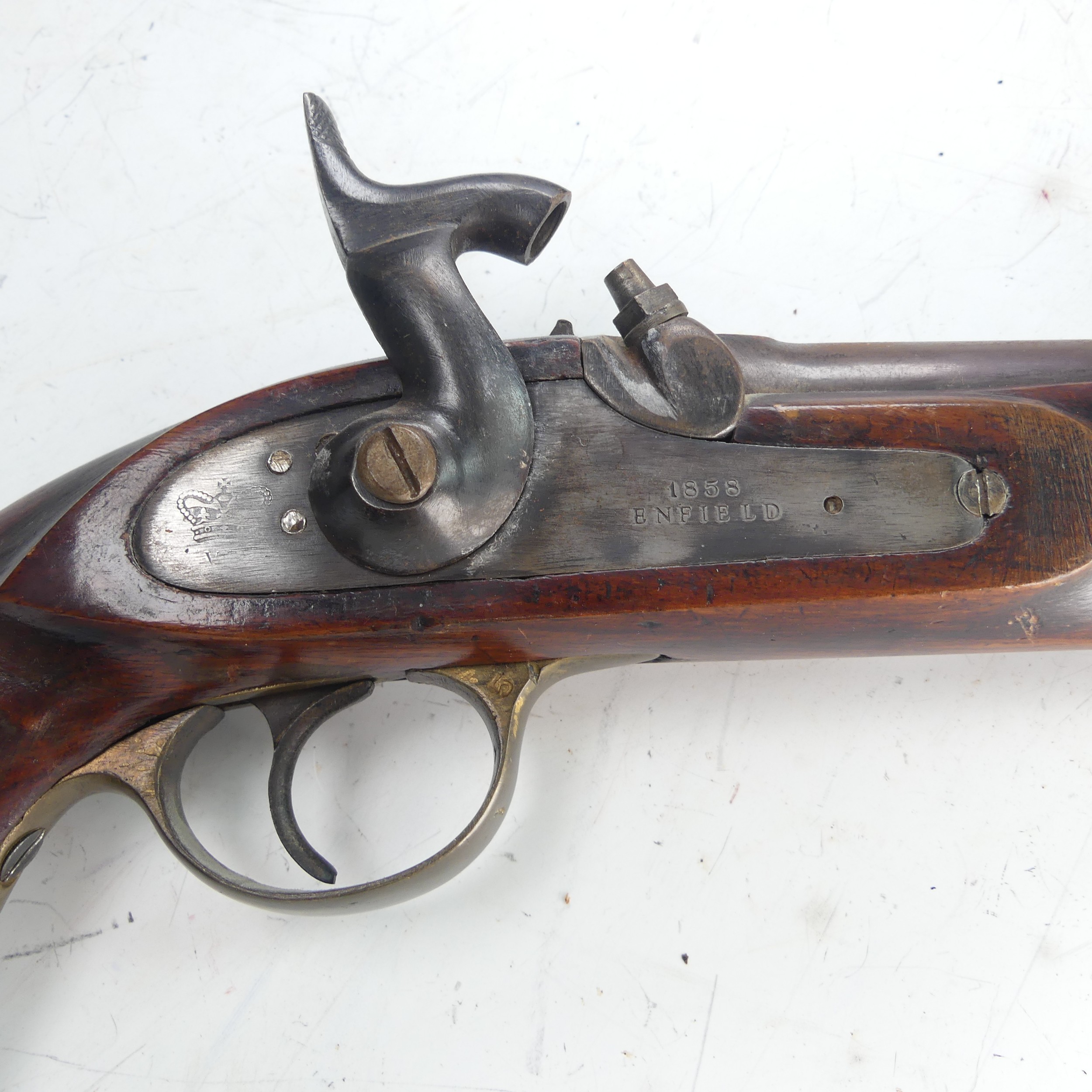 A 19th century 'Enfield' percussion cap service Pistol, with walnut stock, 8 inch steel barrel, - Image 3 of 5