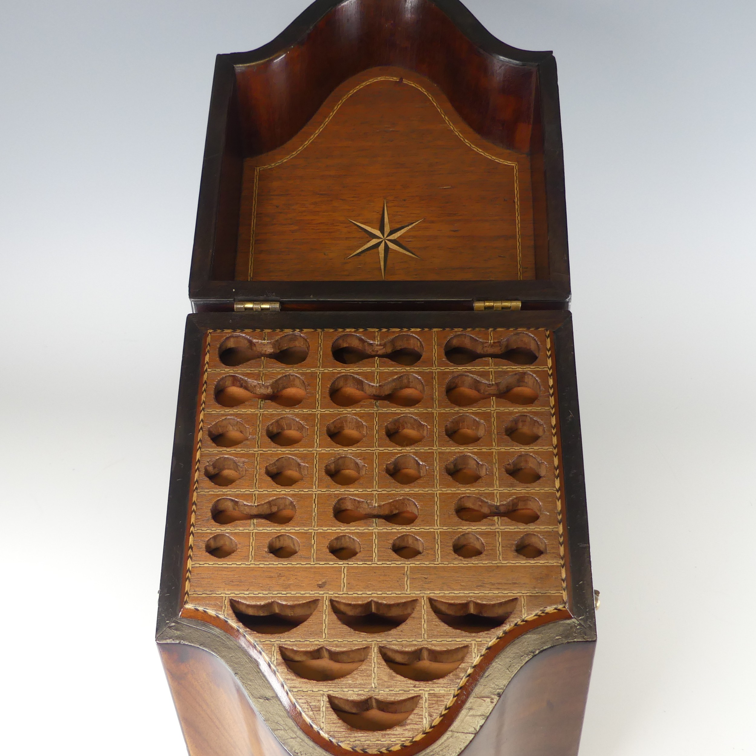 A Georgian mahogany serpentine front Knife Box, brass carrying handles to either side, with original - Image 10 of 10