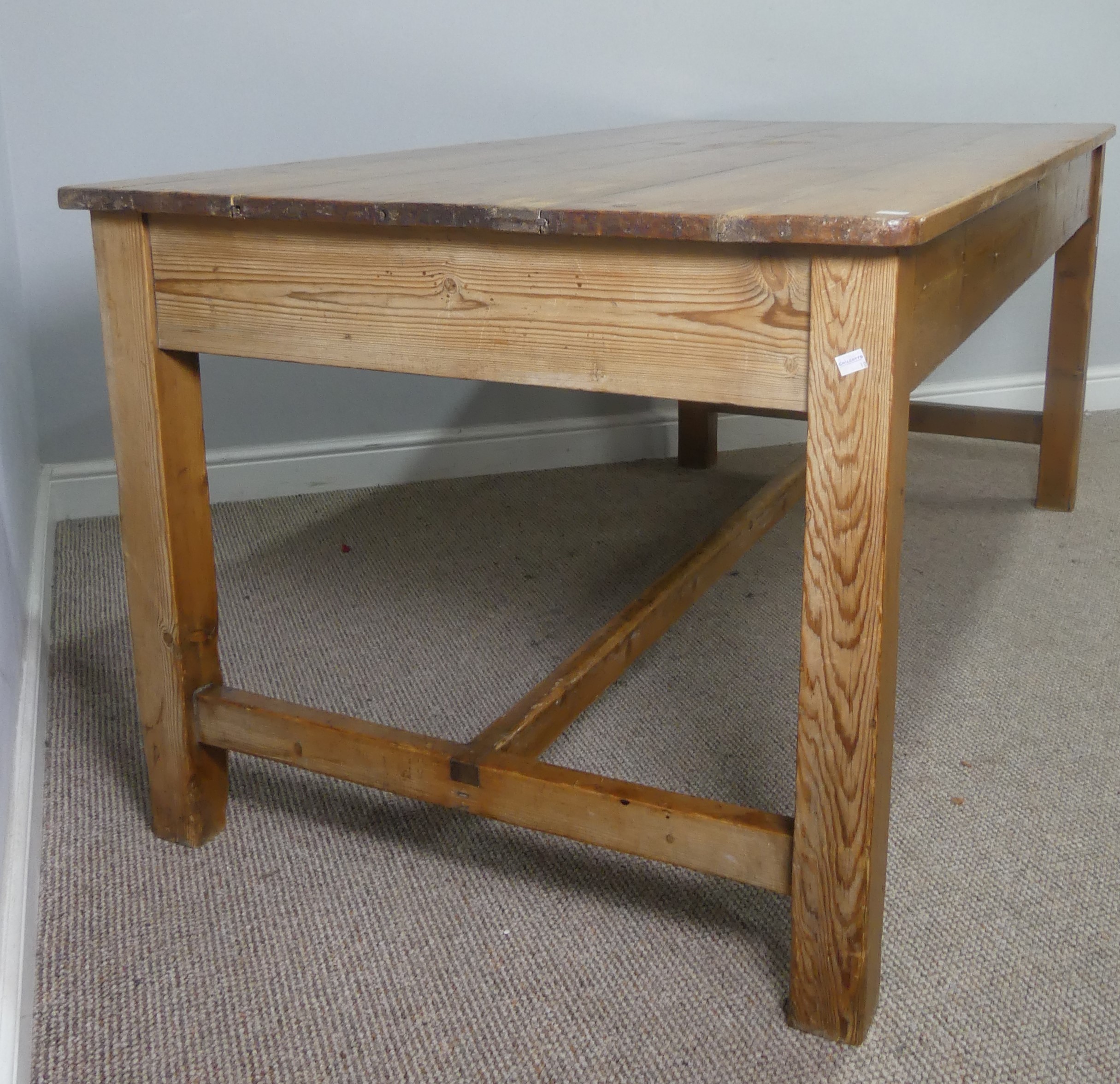 An early 20th century pitch pine Farmhouse Kitchen refectory Table, six planked top raised on square - Image 2 of 3