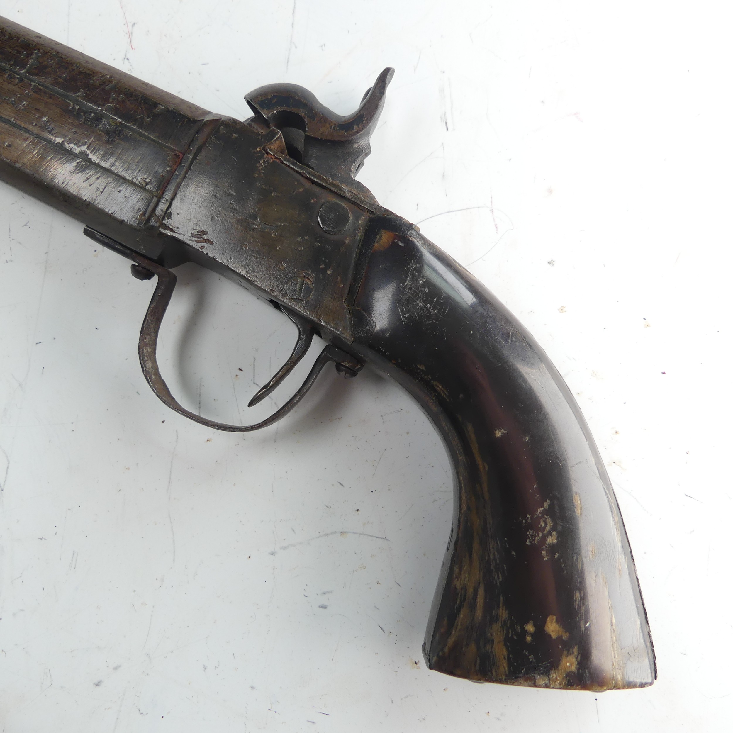 A 19th century double barrelled over and under percussion Pistol, with 6 1/2 inch barrels with - Image 6 of 10