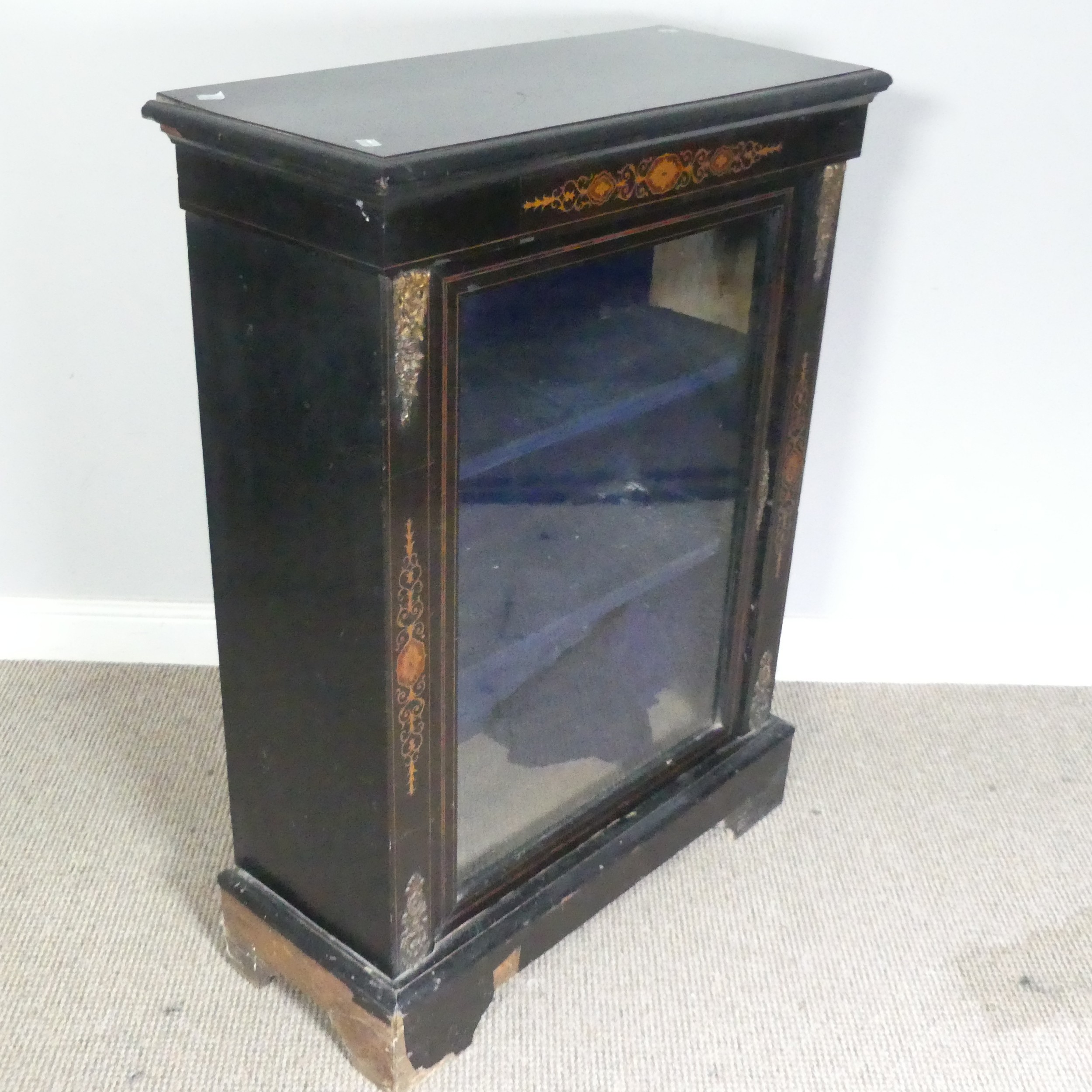 A Victorian ebonised and marquetry glazed Pier Cabinet, top over inlaid frieze and glazed cupboard - Image 2 of 7