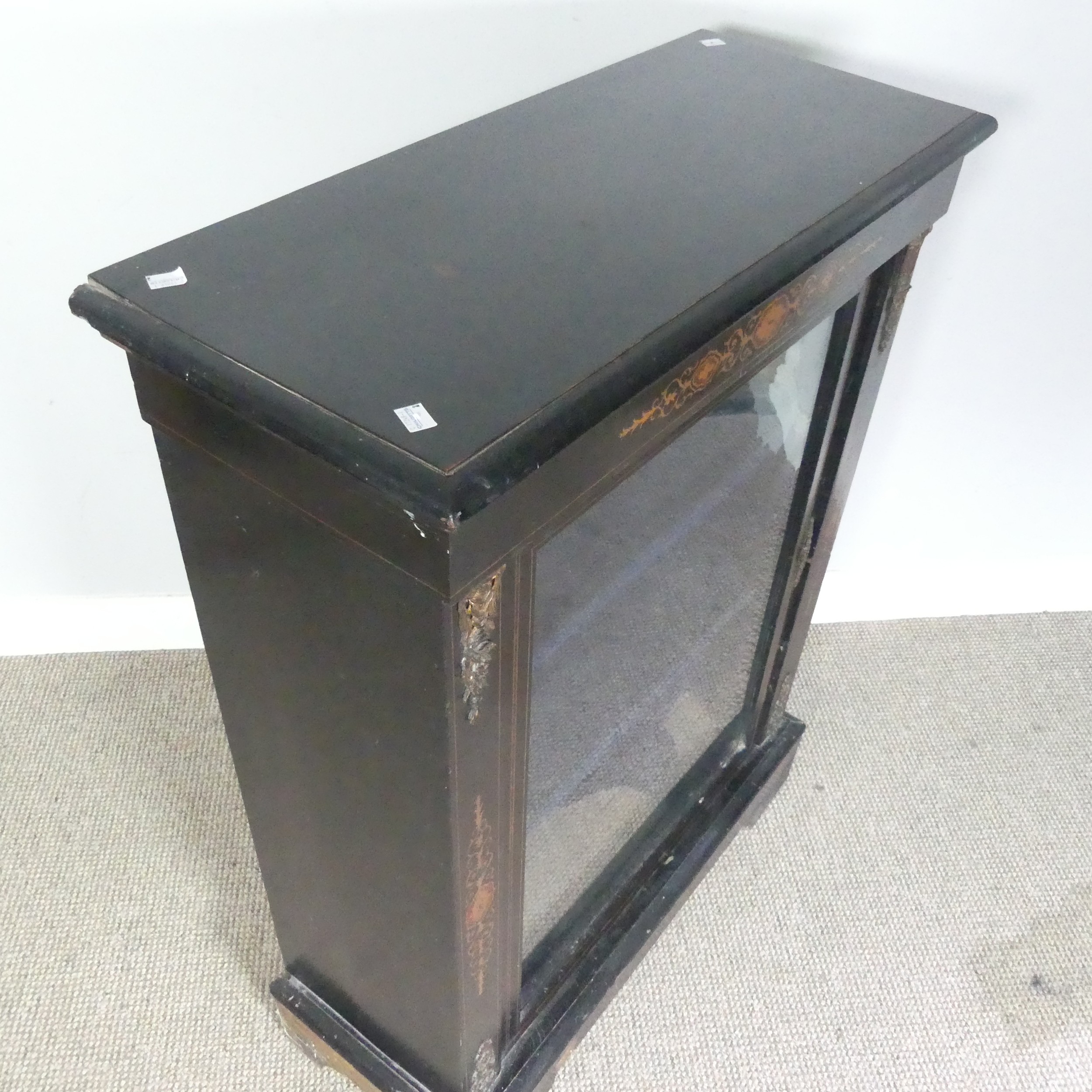A Victorian ebonised and marquetry glazed Pier Cabinet, top over inlaid frieze and glazed cupboard - Image 7 of 7