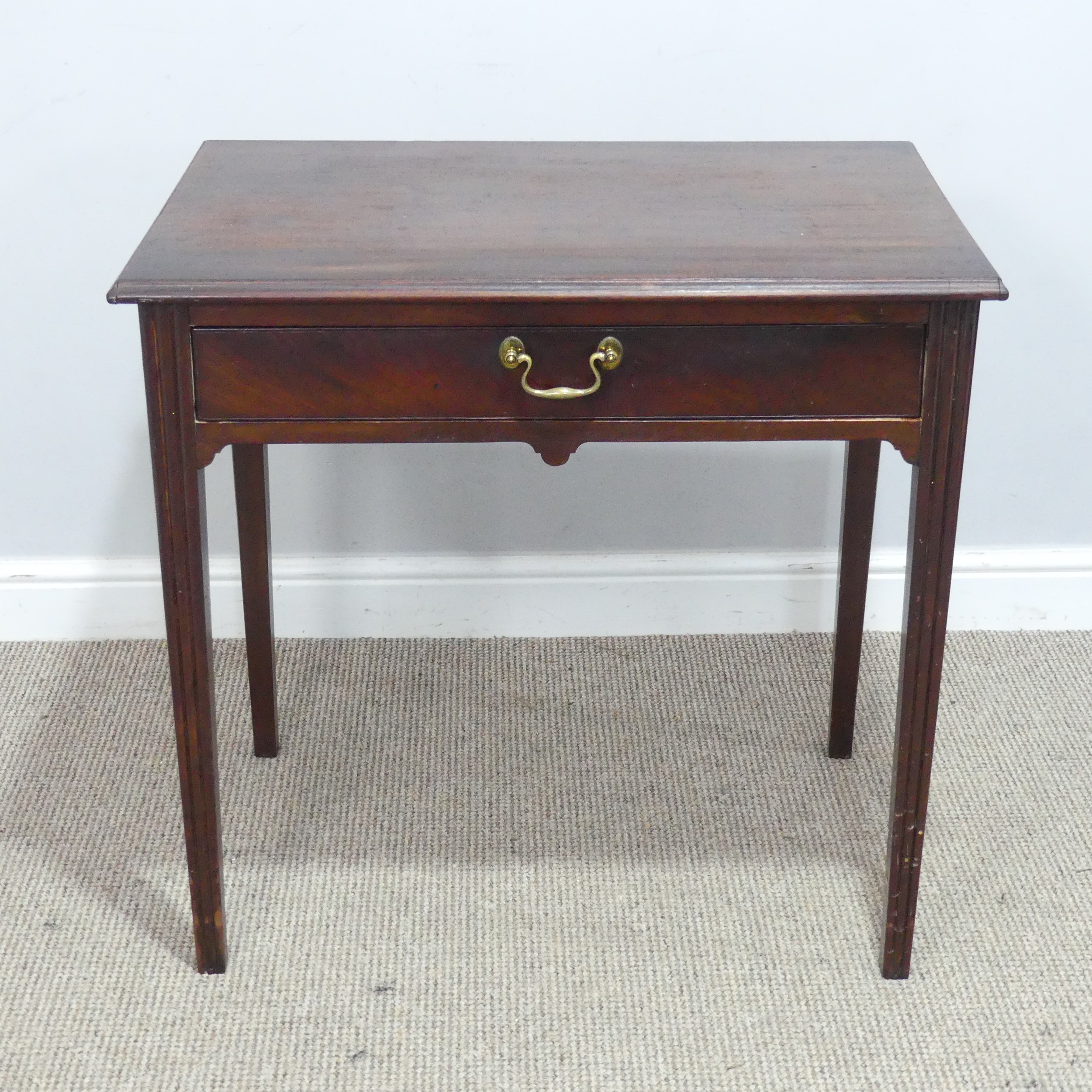 A Georgian mahogany side Table, moulded top over one drawer, raised on reeded legs, W 75.5 cm x H