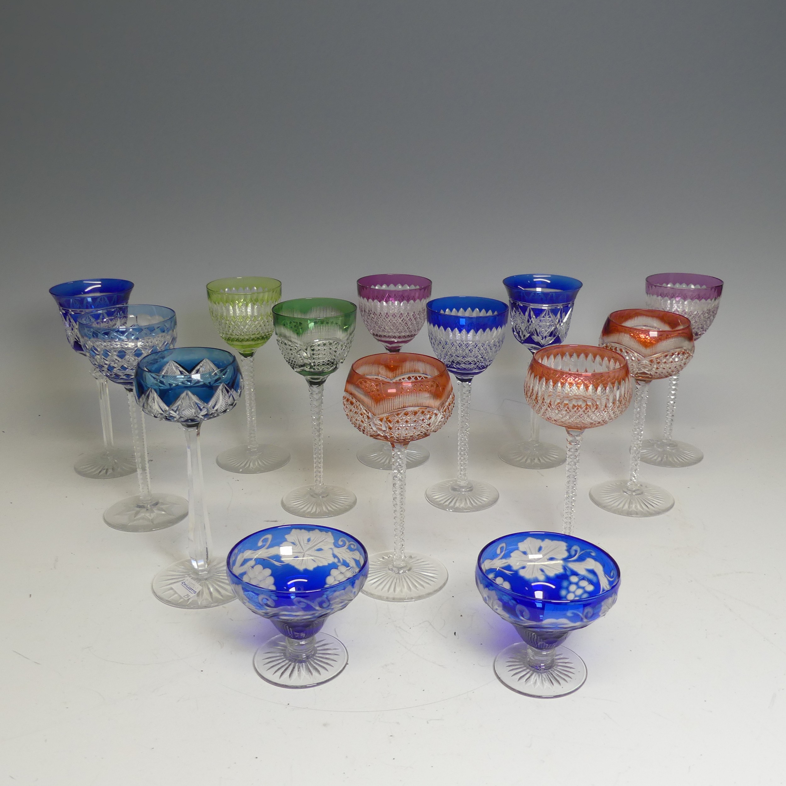 A quantity of mid 20th century circa 1950s coloured bohemian cut hock Glasses, to include the