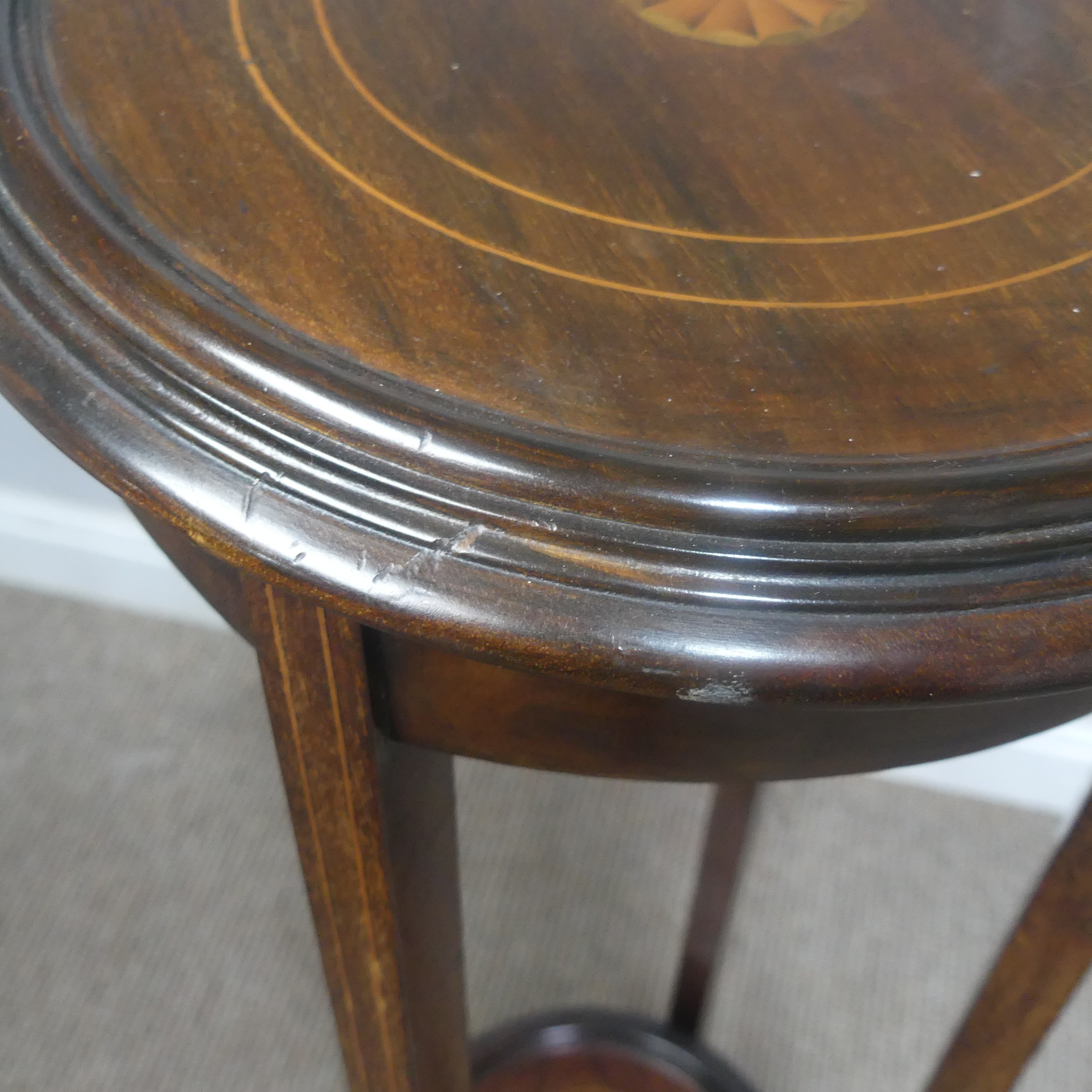 An Edwardian mahogany and inlaid Plant Stand, of circular form, H 99 cm, together with a woven - Image 5 of 7
