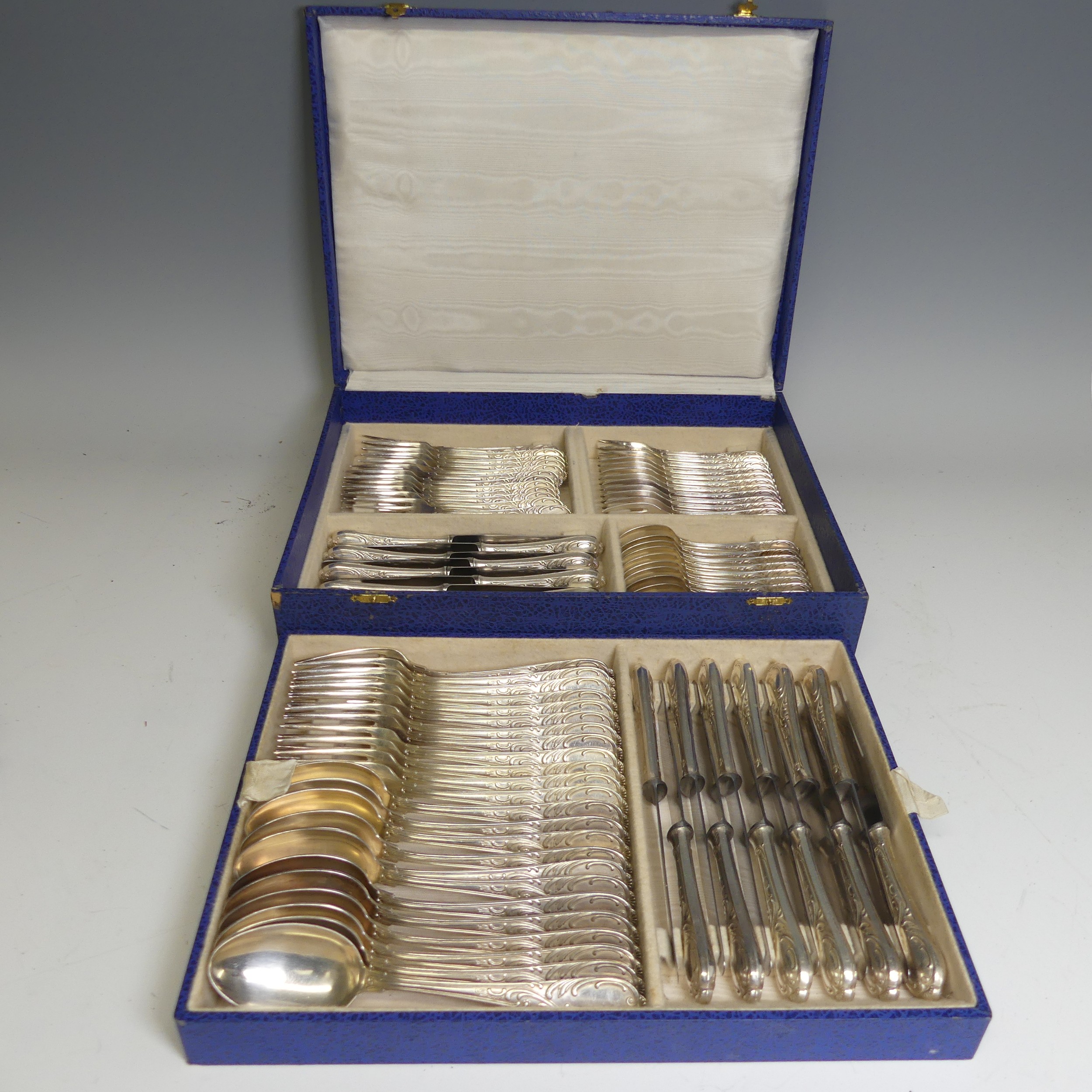 A canteen of silver plated Fish Cutlery, six place setting with mother of pearl handles, in velvet