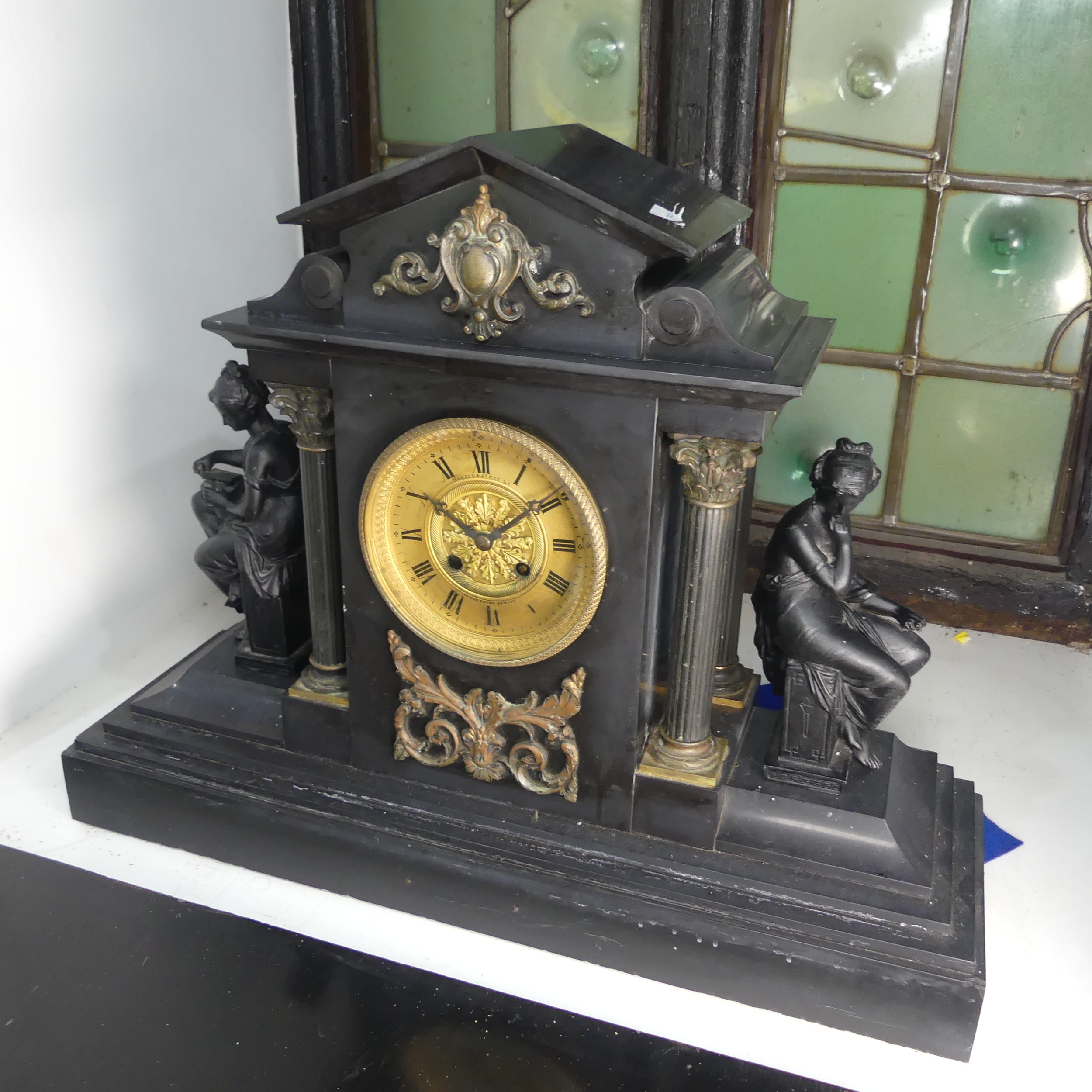 A large Victorian slate mantle Clock by Howell & James Ltd, with metal garnitures to either side, - Image 2 of 4