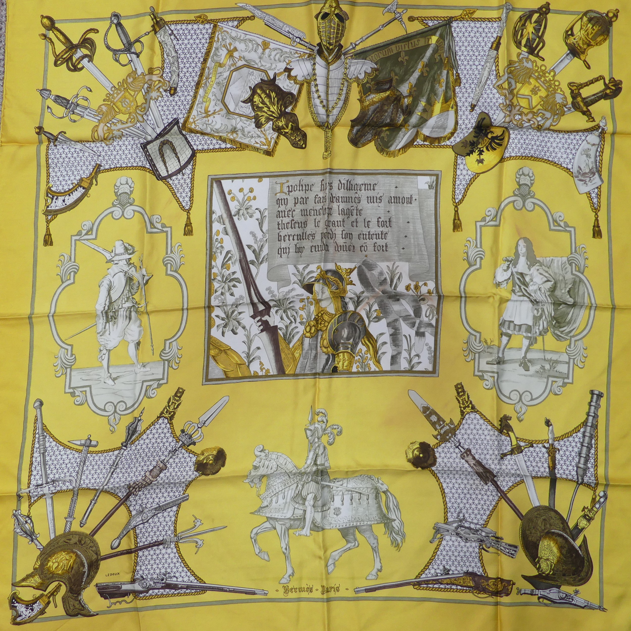 Two Hermès silk twill scarves: 'Springs', together with another, Gladiator style design on yellow - Image 4 of 4