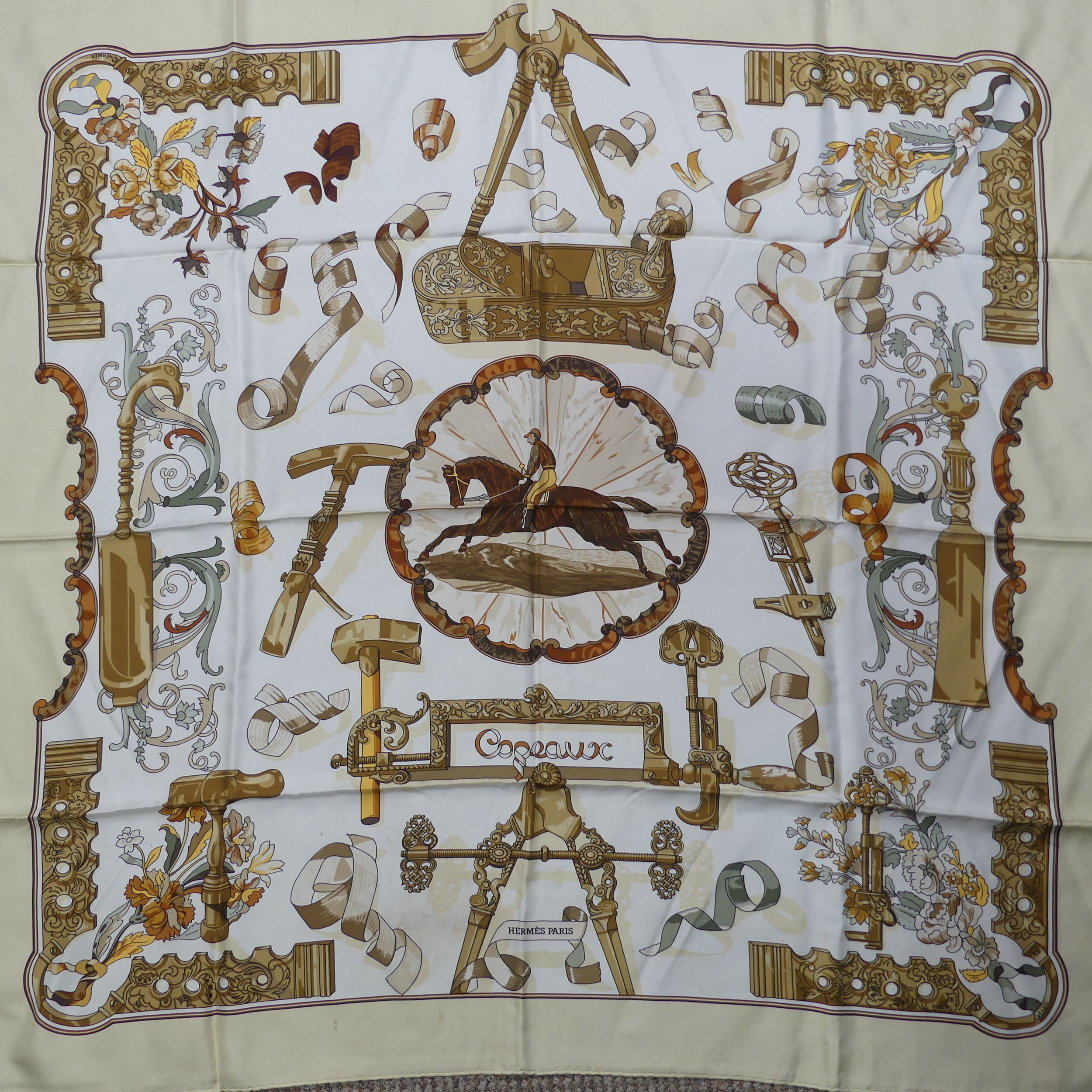 Two Hermès silk twill scarves: 'The Bull & Mouth, Regents Circus Picadilly', cream ground with brown - Image 4 of 4