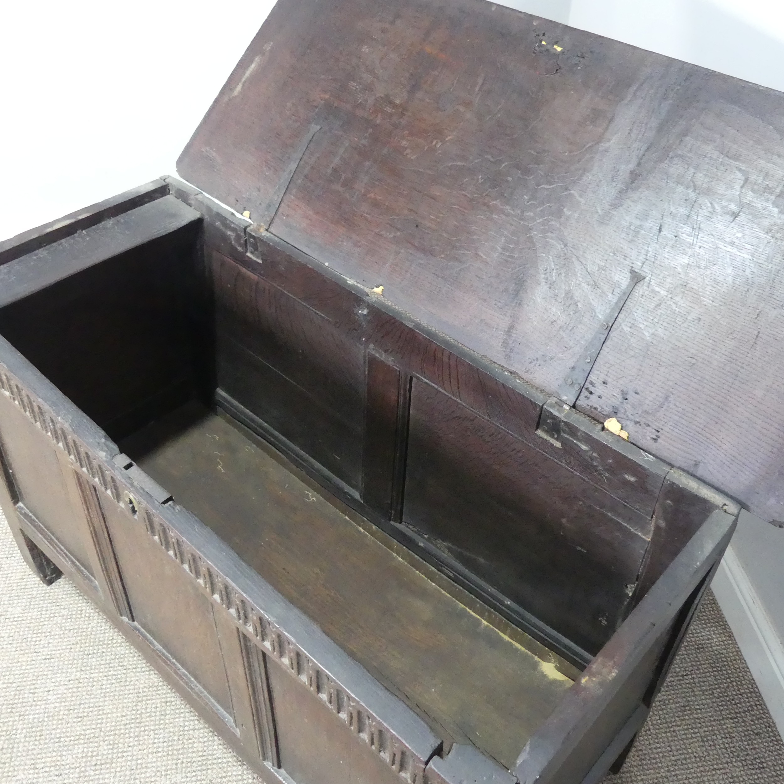 A 17th century and later oak three panel Coffer, rectangular top over carved frieze and three - Bild 3 aus 15